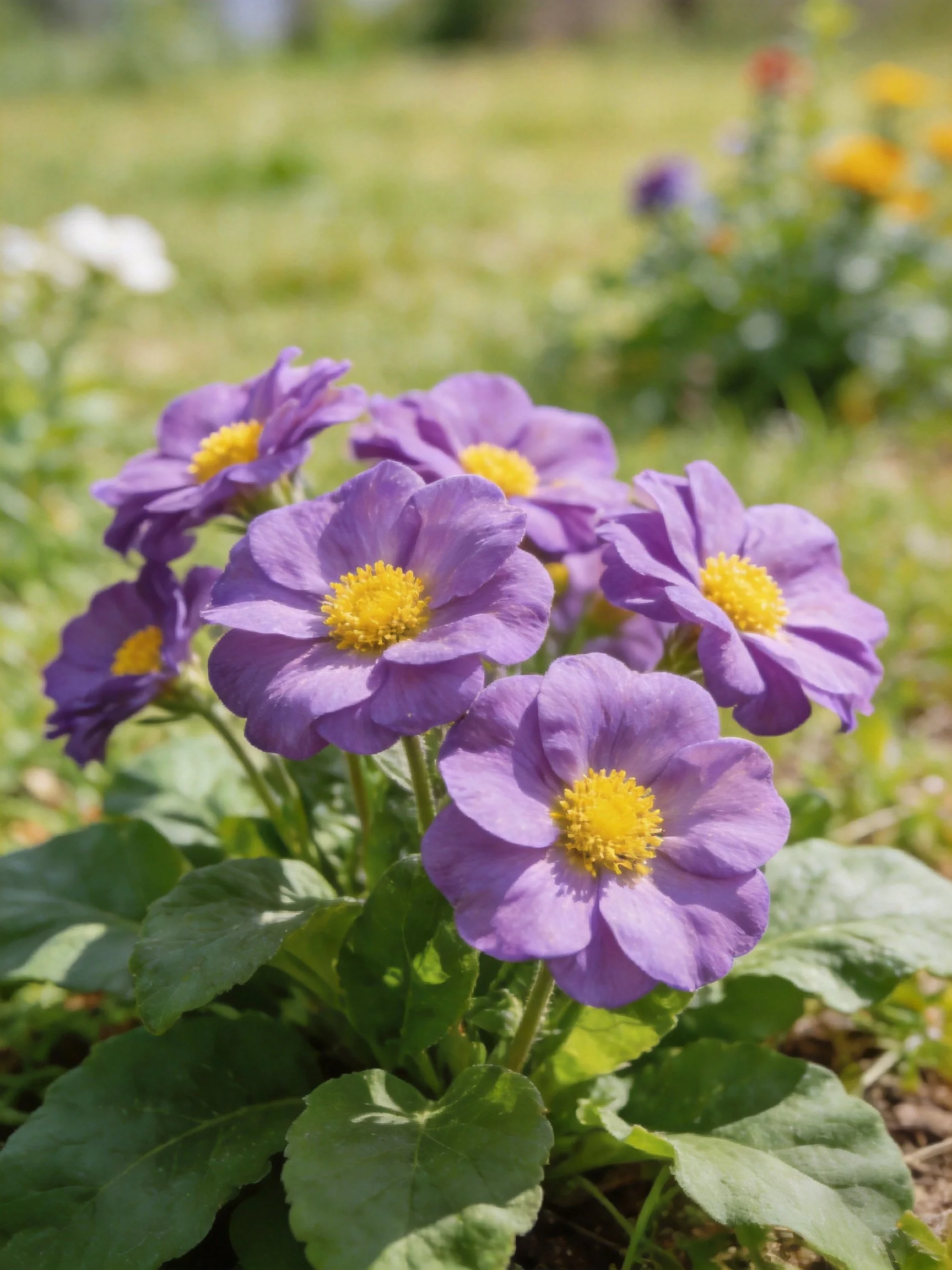 Cluster of vibrant purple flowers with yellow centers amid lush greenery.