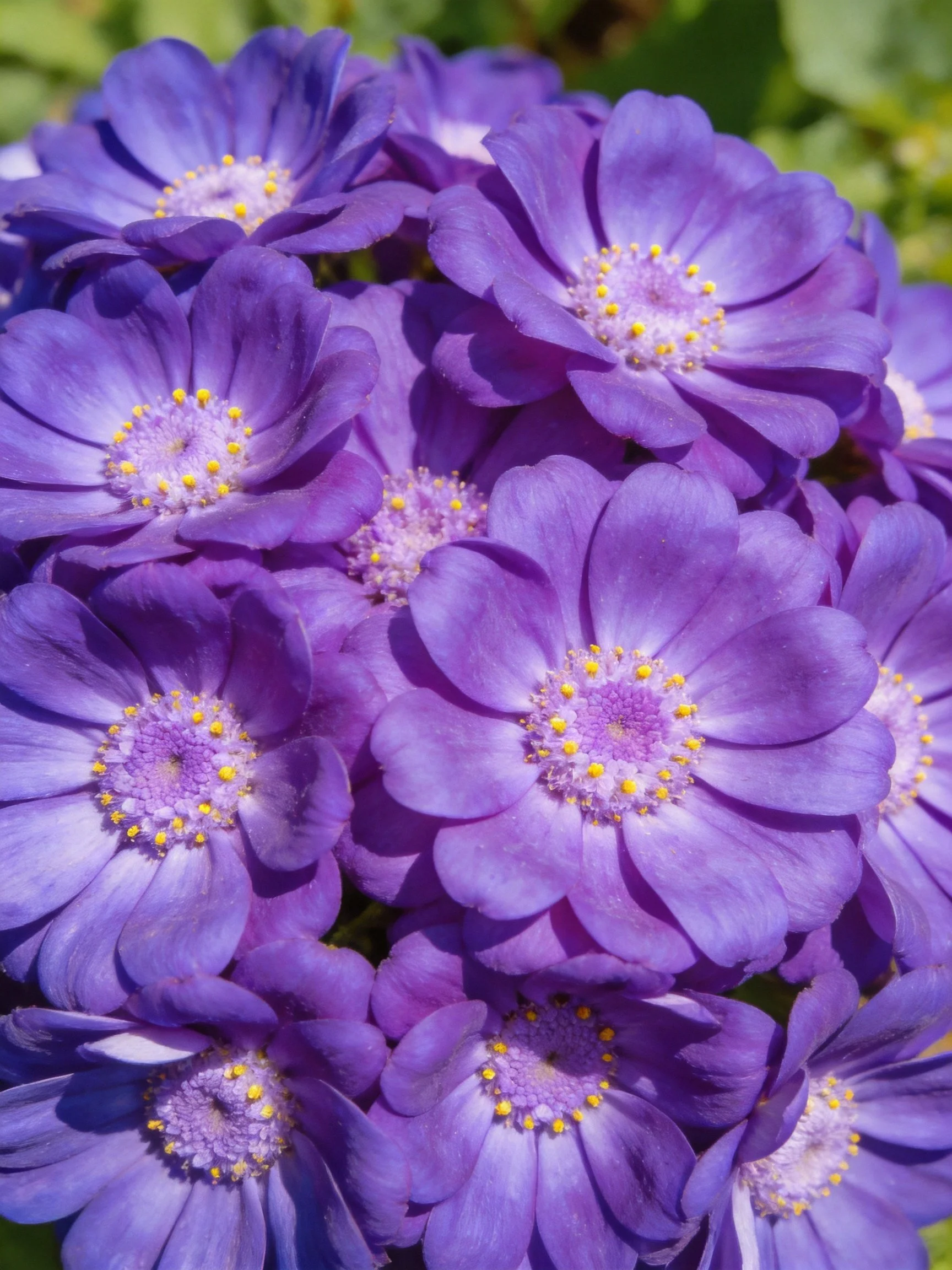 Cluster of vibrant purple flowers with yellow centers