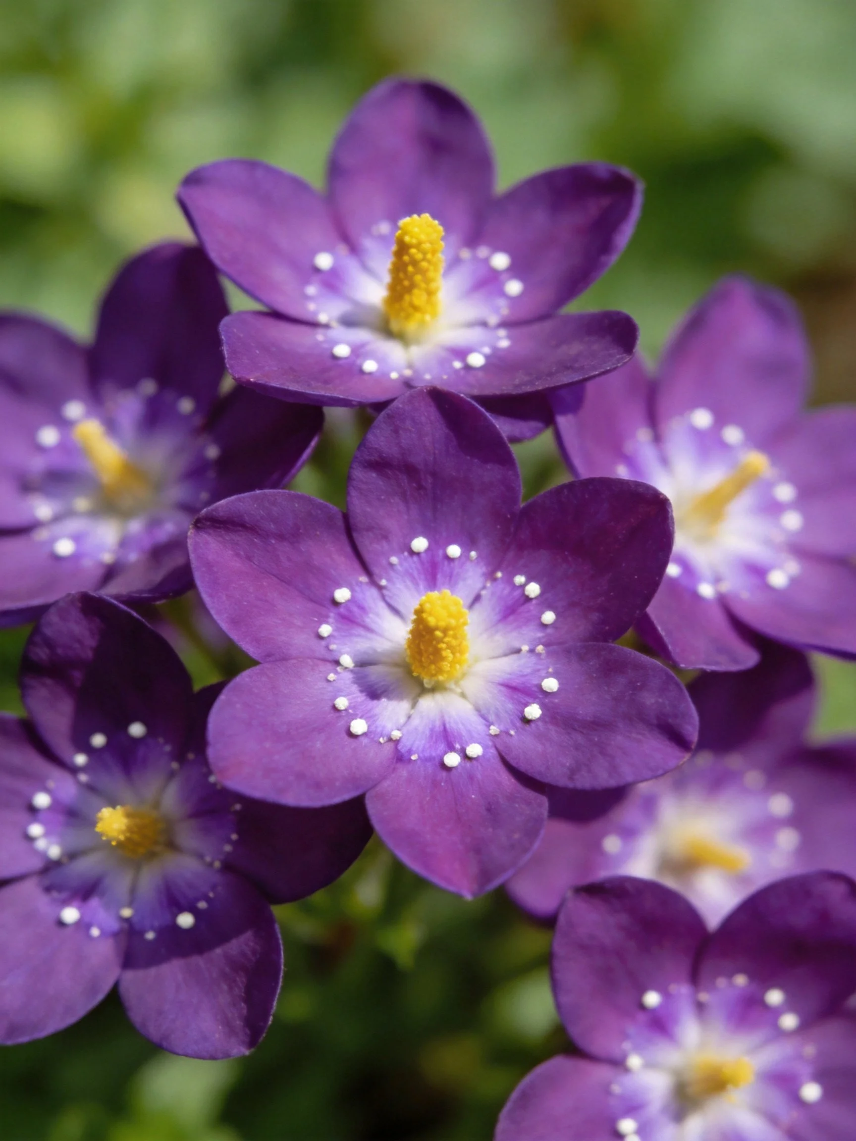 Cluster of vibrant purple flowers with yellow stamens and white spots