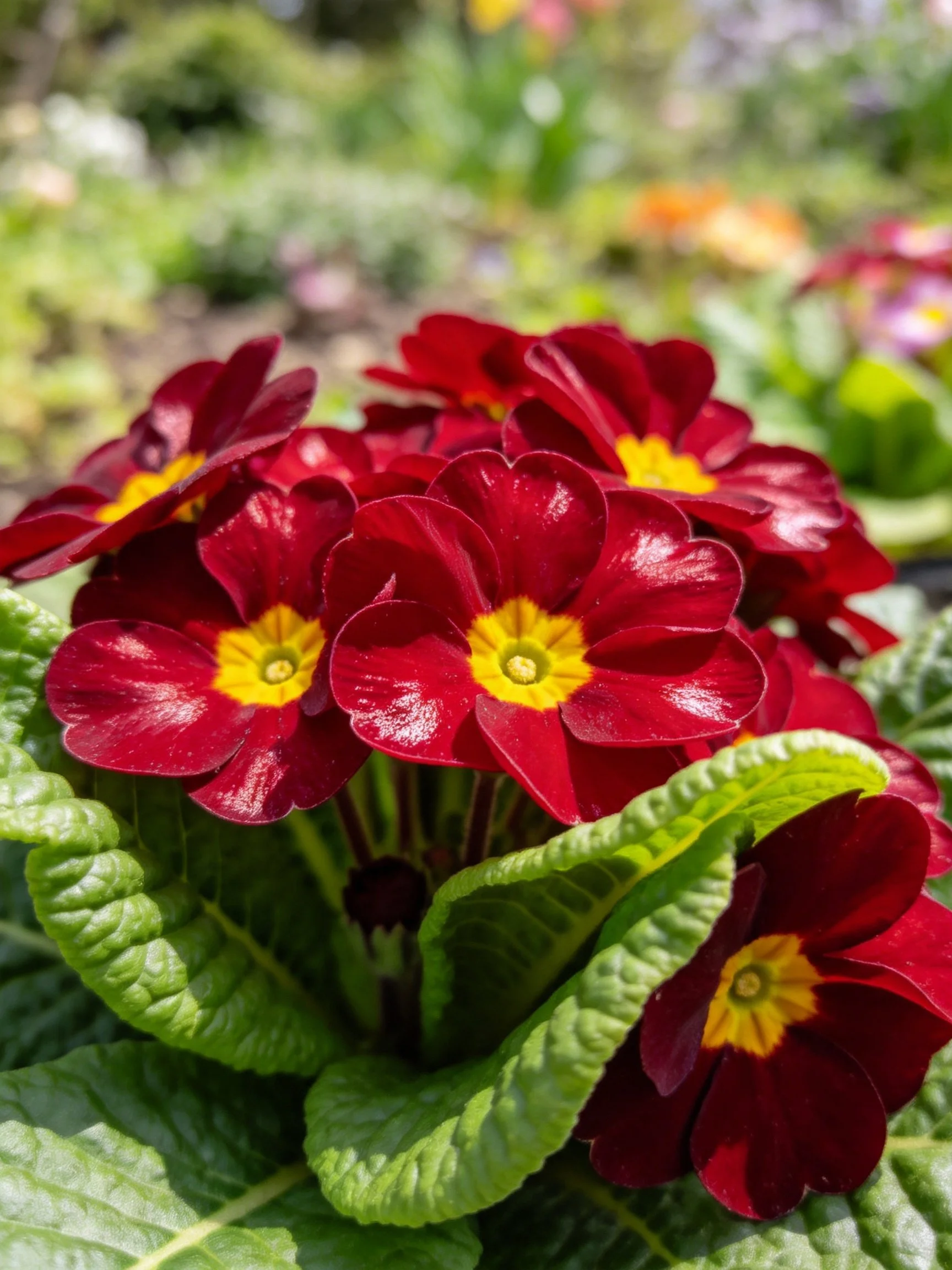 Cluster of vibrant red primroses with yellow centers among textured green foliage
