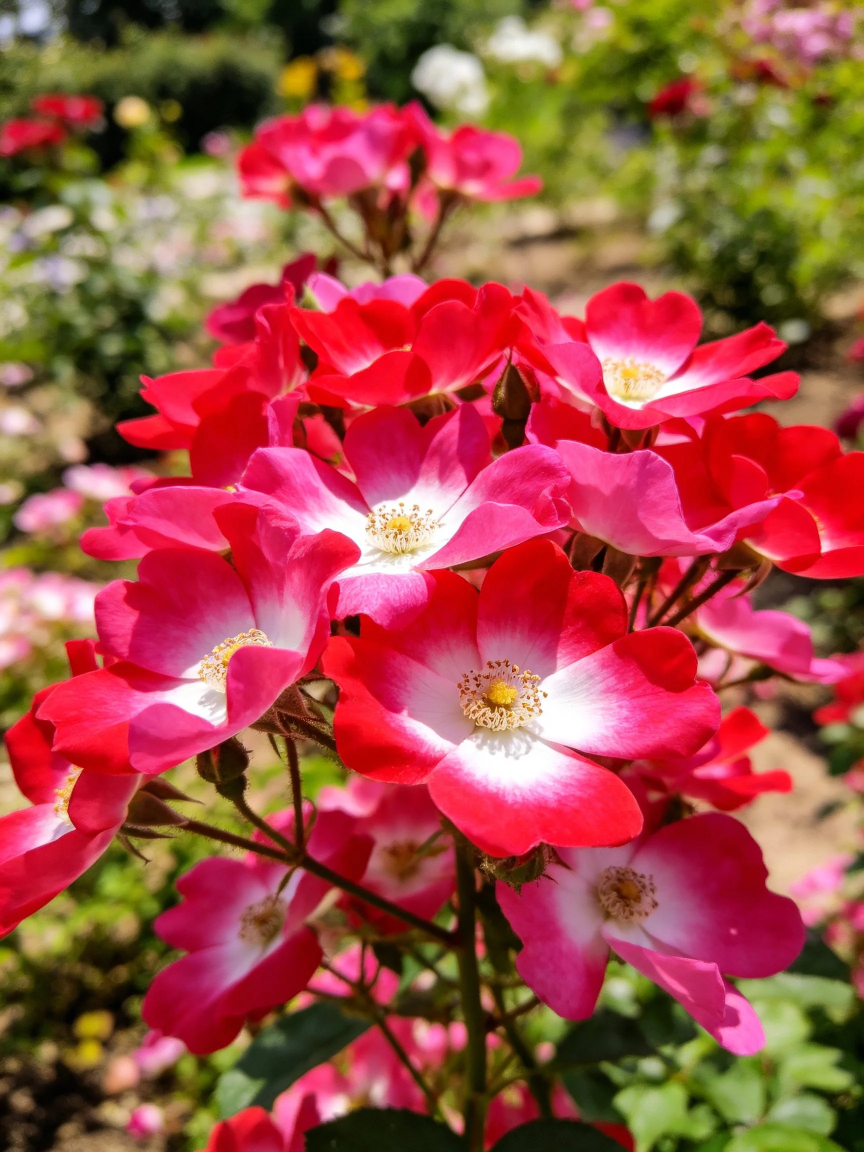 Cluster of vibrant roses with red-pink petals and white centers