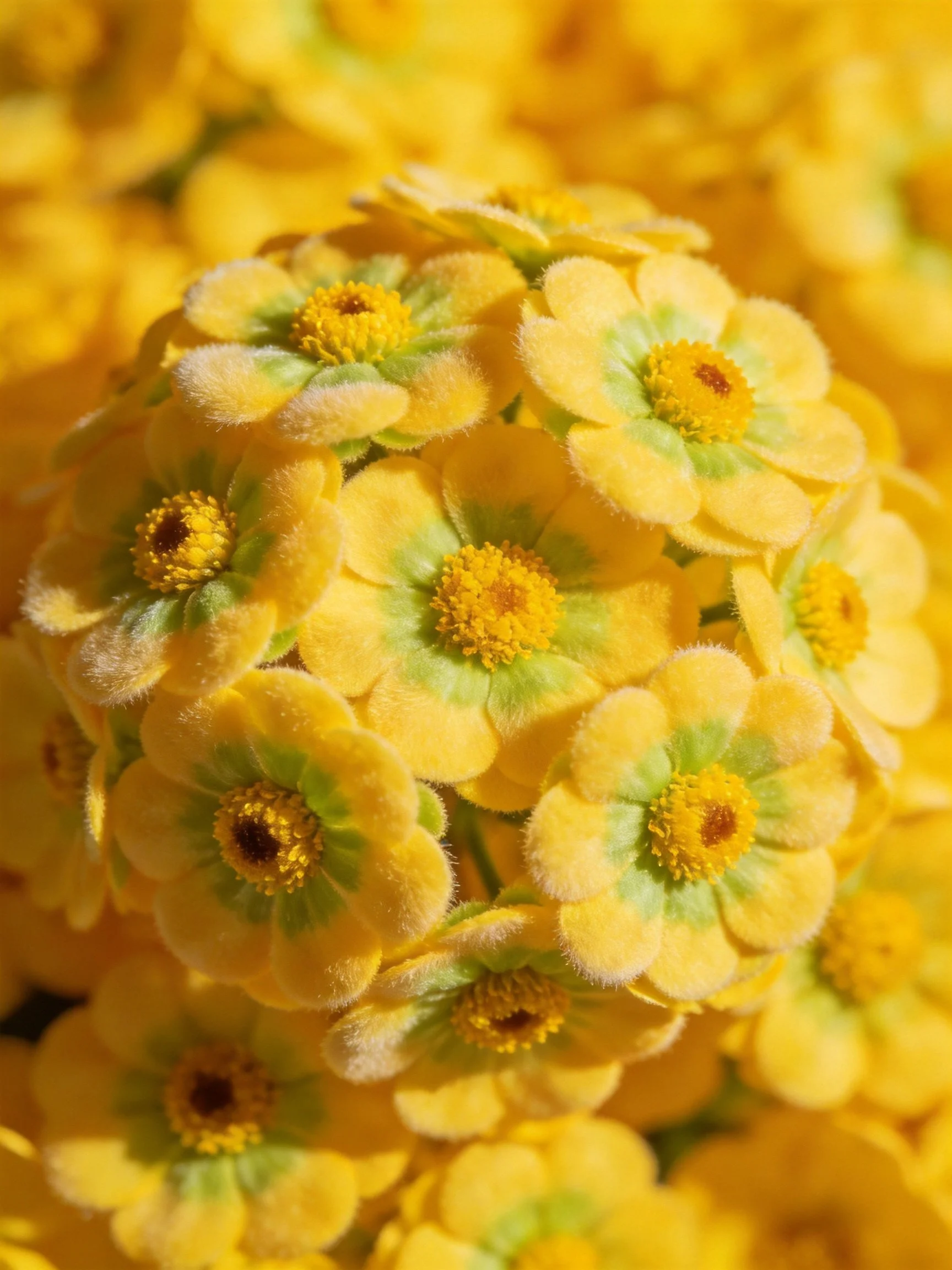 Cluster of vibrant yellow blooms with green petal accents