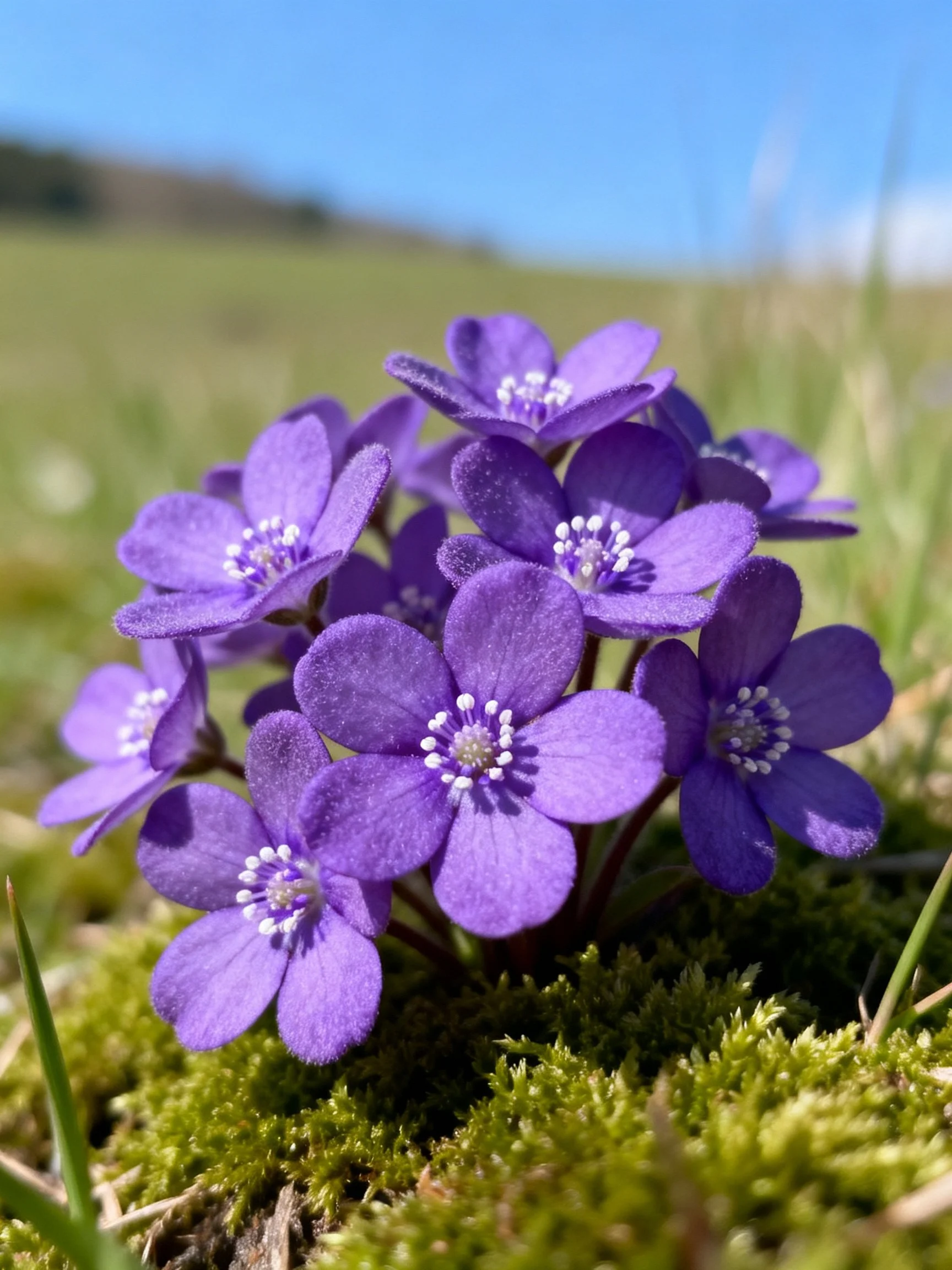 Cluster of vivid purple flowers on mossy terrain