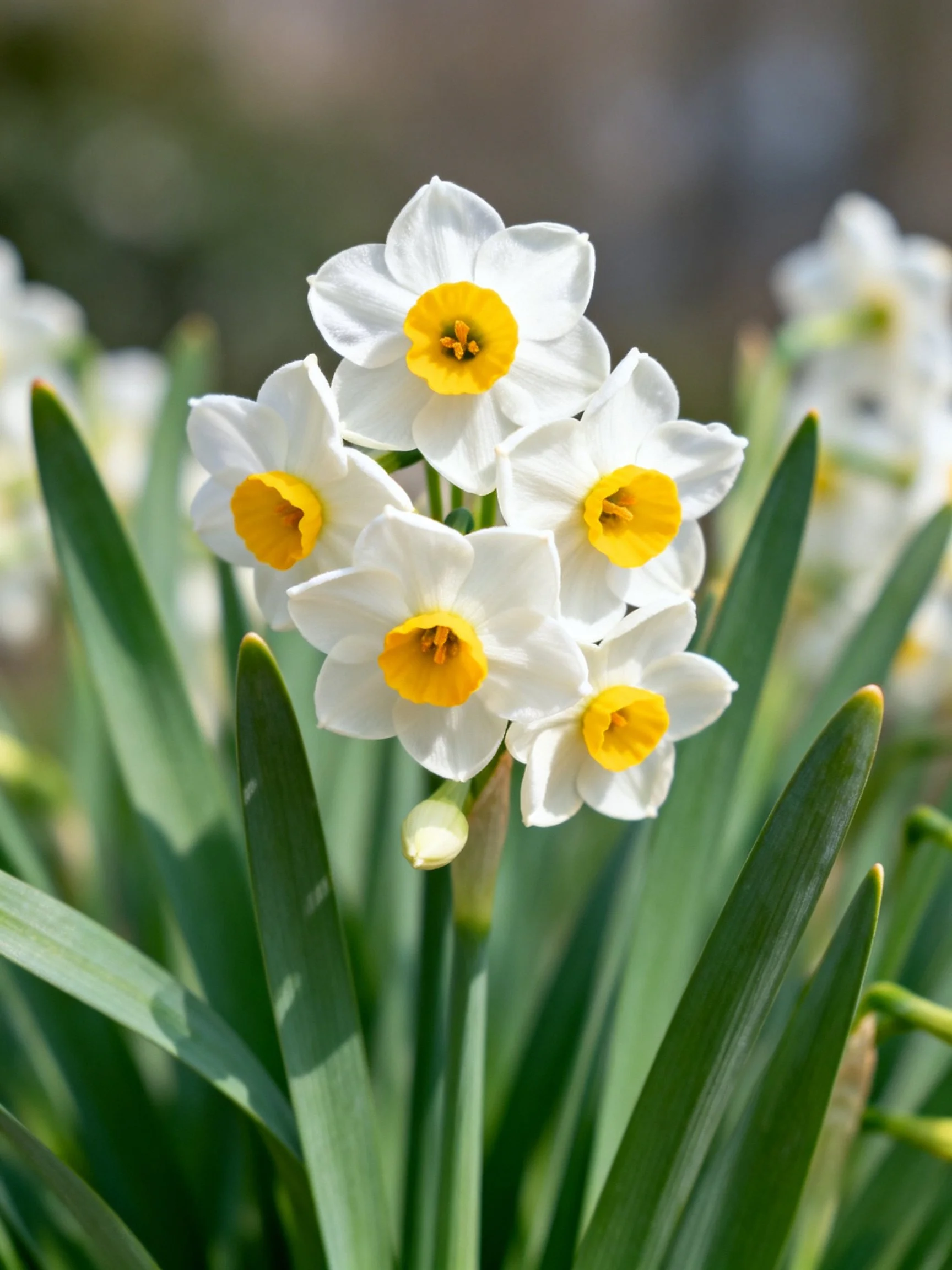 Cluster of white and yellow daffodil flowers with green leaves