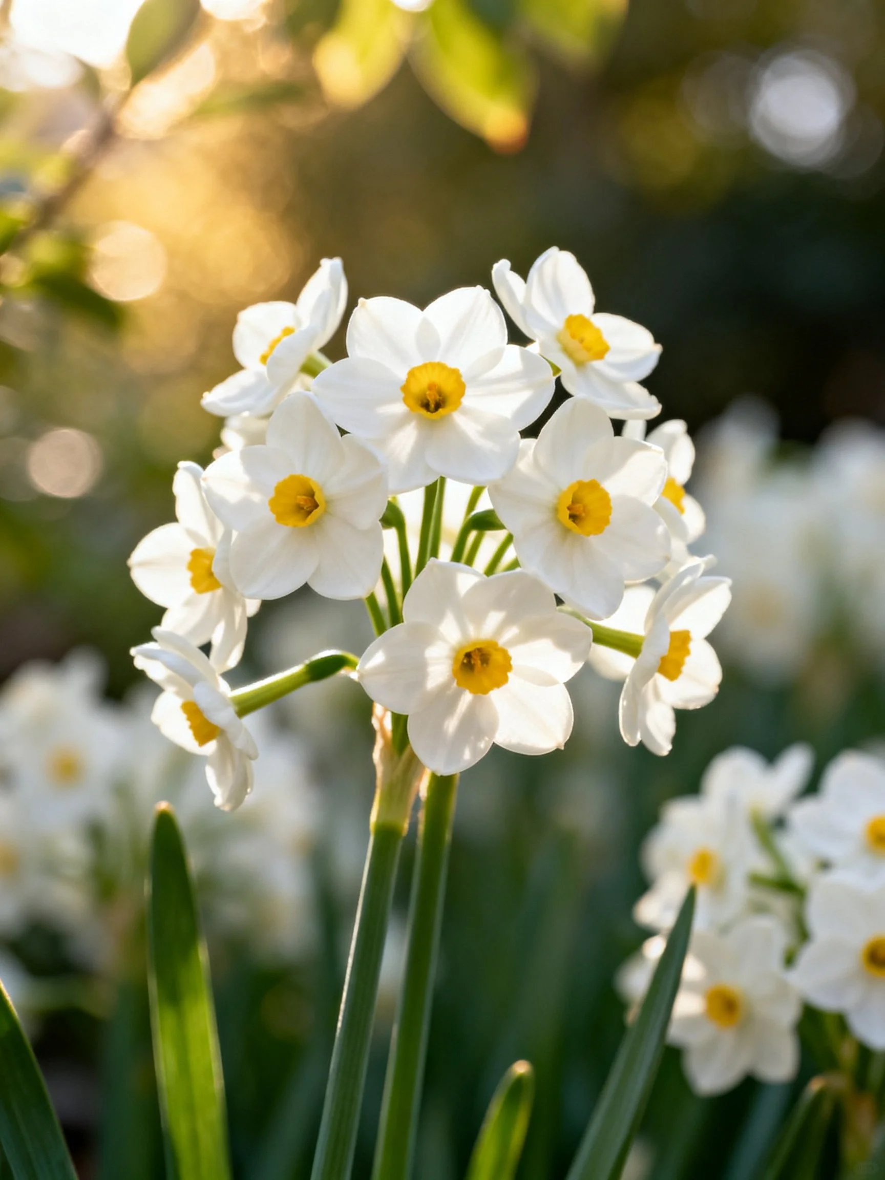 Cluster of white and yellow flowers with green stems
