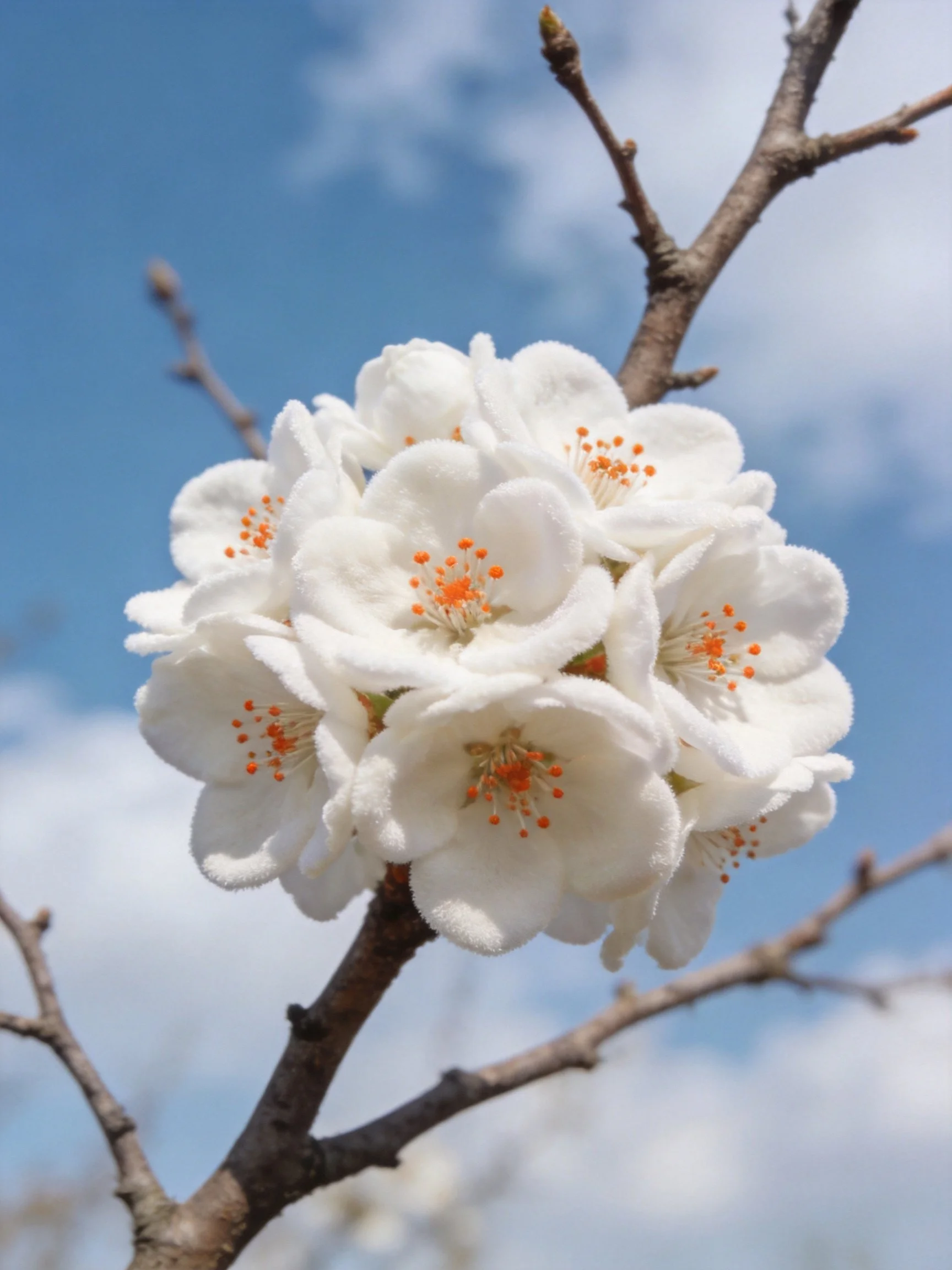 Cluster of white blossoms with orange stamens on a tree branch