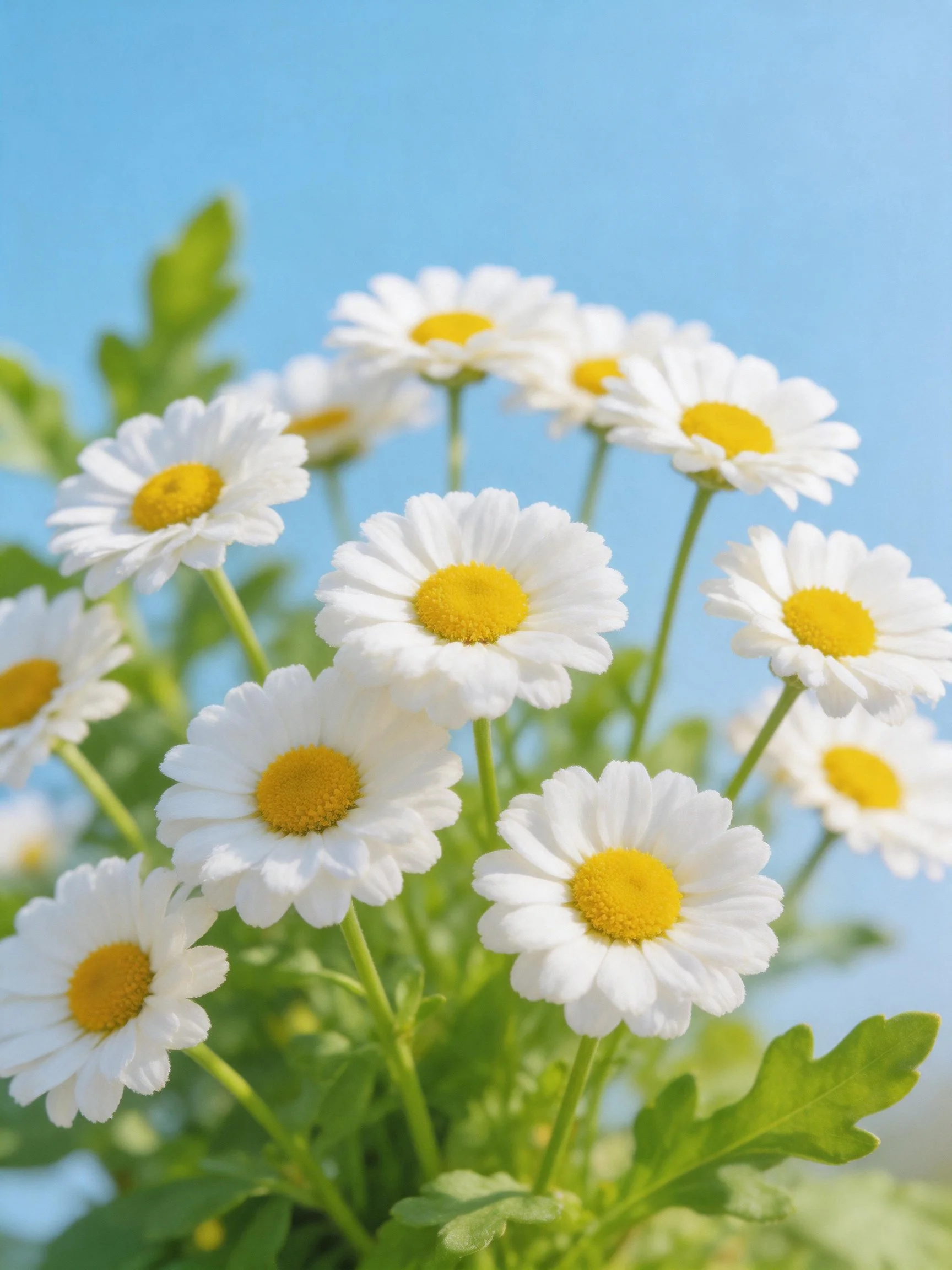 Cluster of white daisies with yellow centers and green foliage under bright blue sky