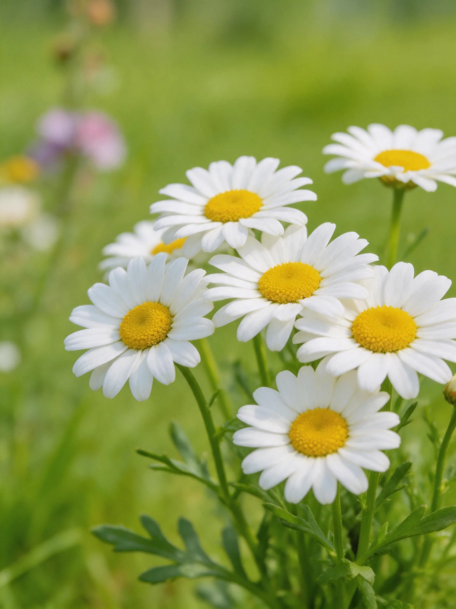 Cluster of white daisies with yellow centers in a green meadow