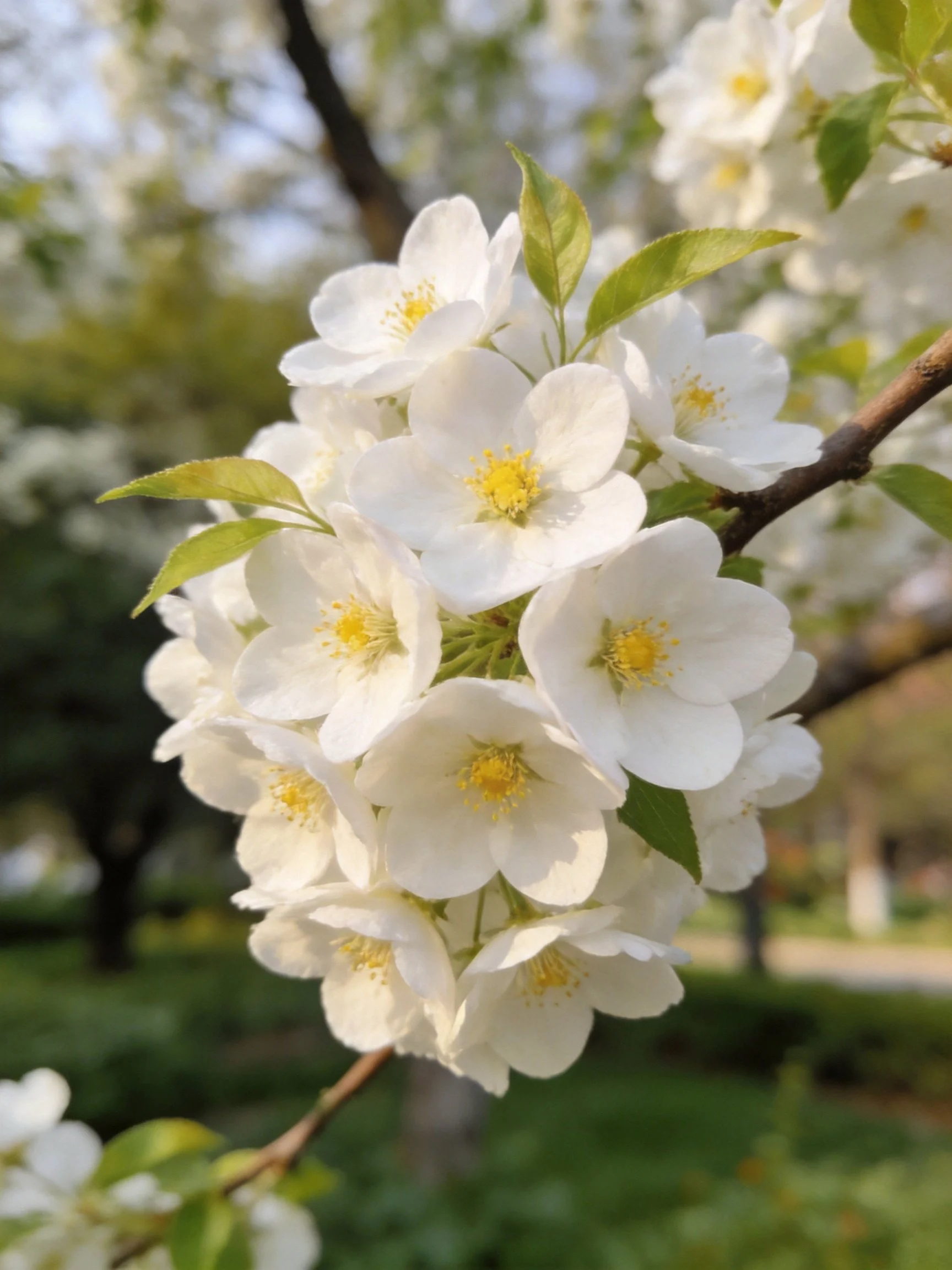 Cluster of white flowering branches with yellow centers