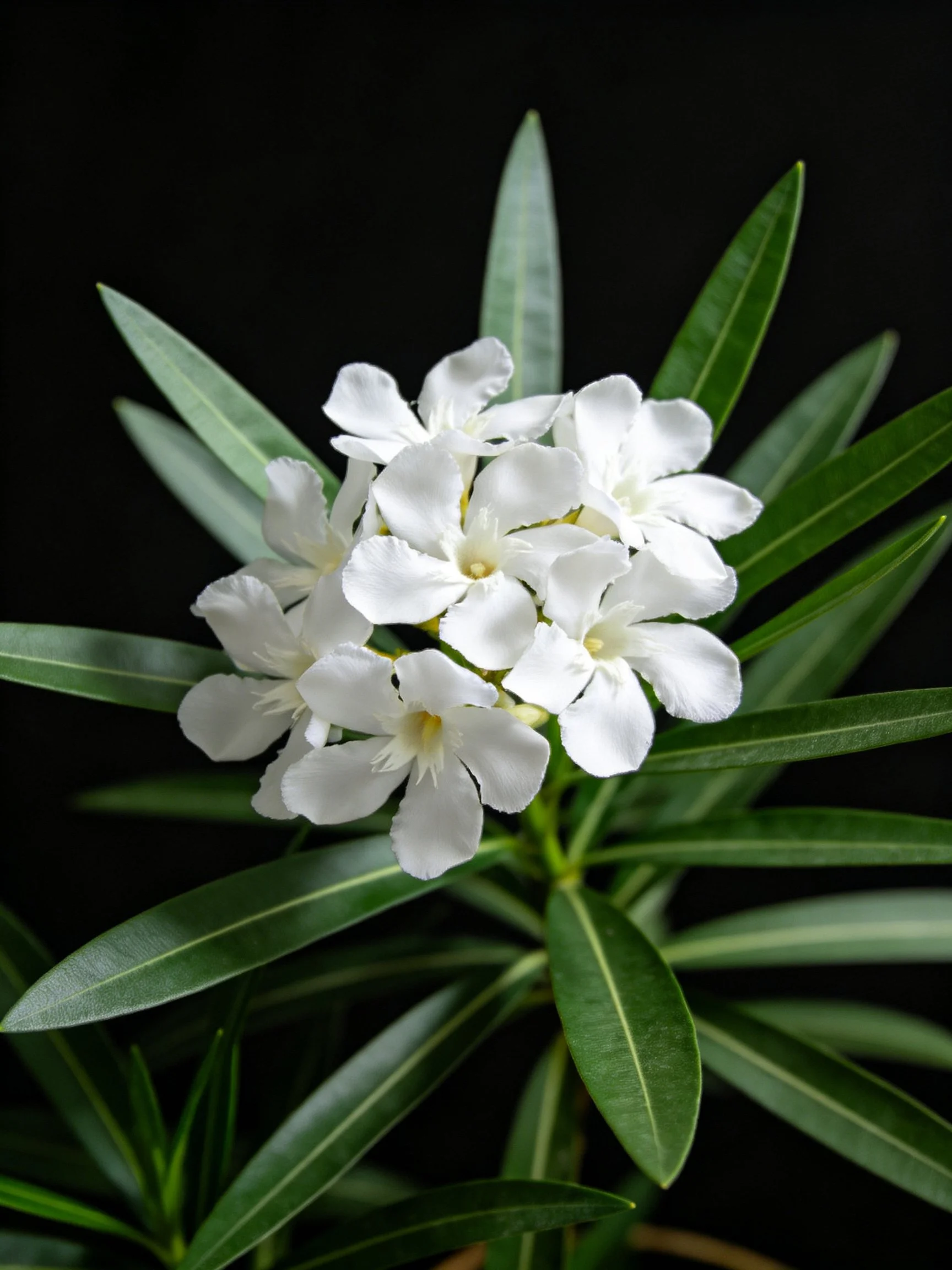 Cluster of white flowers with elongated green leaves on dark backdrop