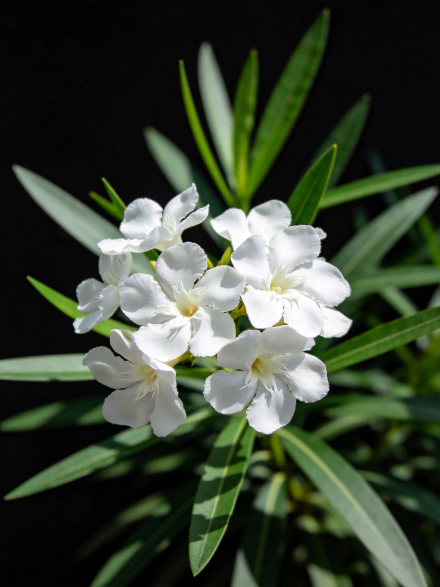 Cluster of white flowers with elongated green leaves on dark background