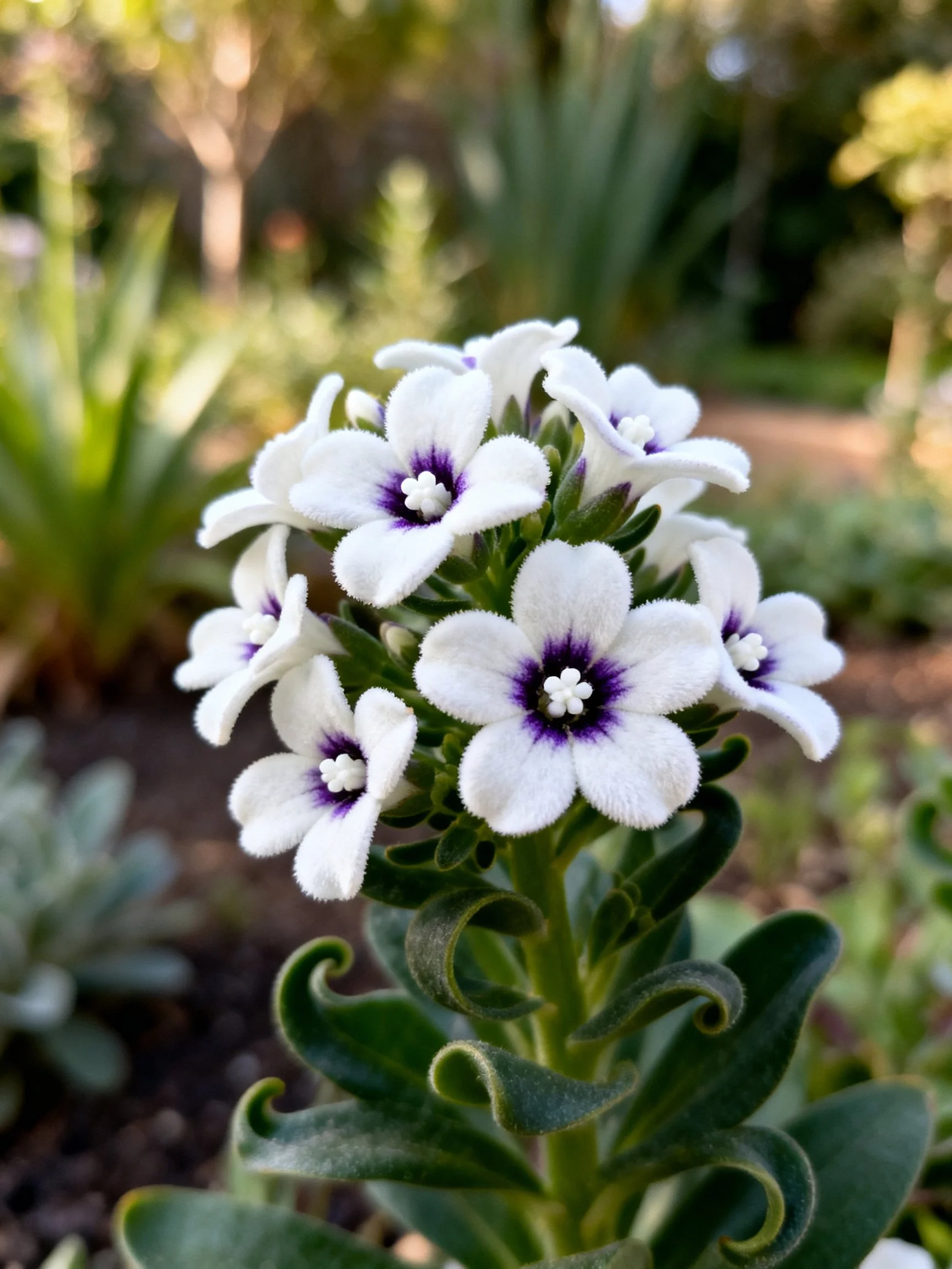 Cluster of white flowers with purple centers amidst green foliage