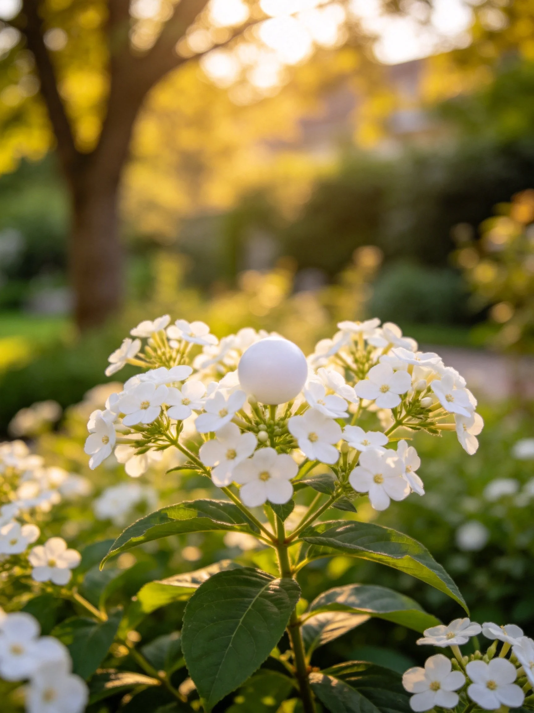 Cluster of white flowers with round object in sunlit garden