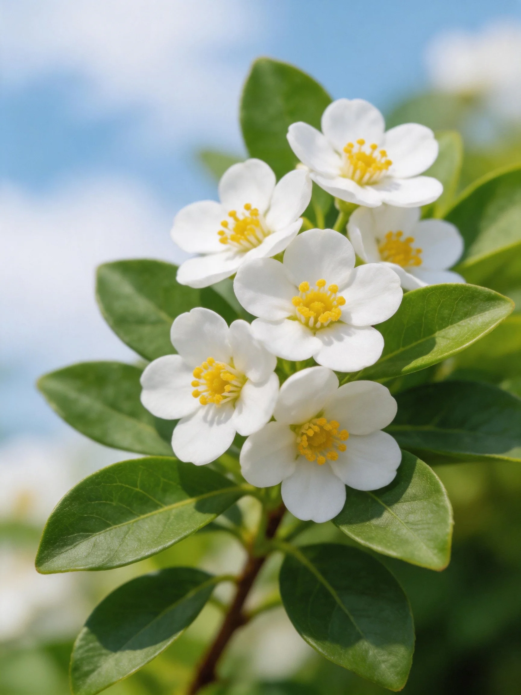 Cluster of white flowers with yellow centers amid glossy green leaves