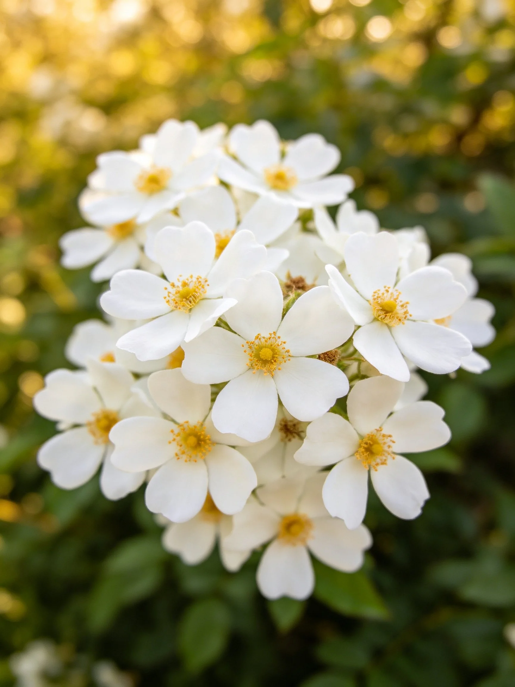 Cluster of white flowers with yellow centers amid green foliage