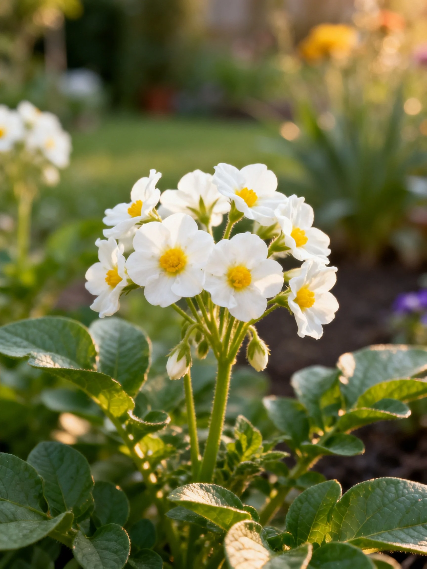 Cluster of white flowers with yellow centers amid green foliage in a garden