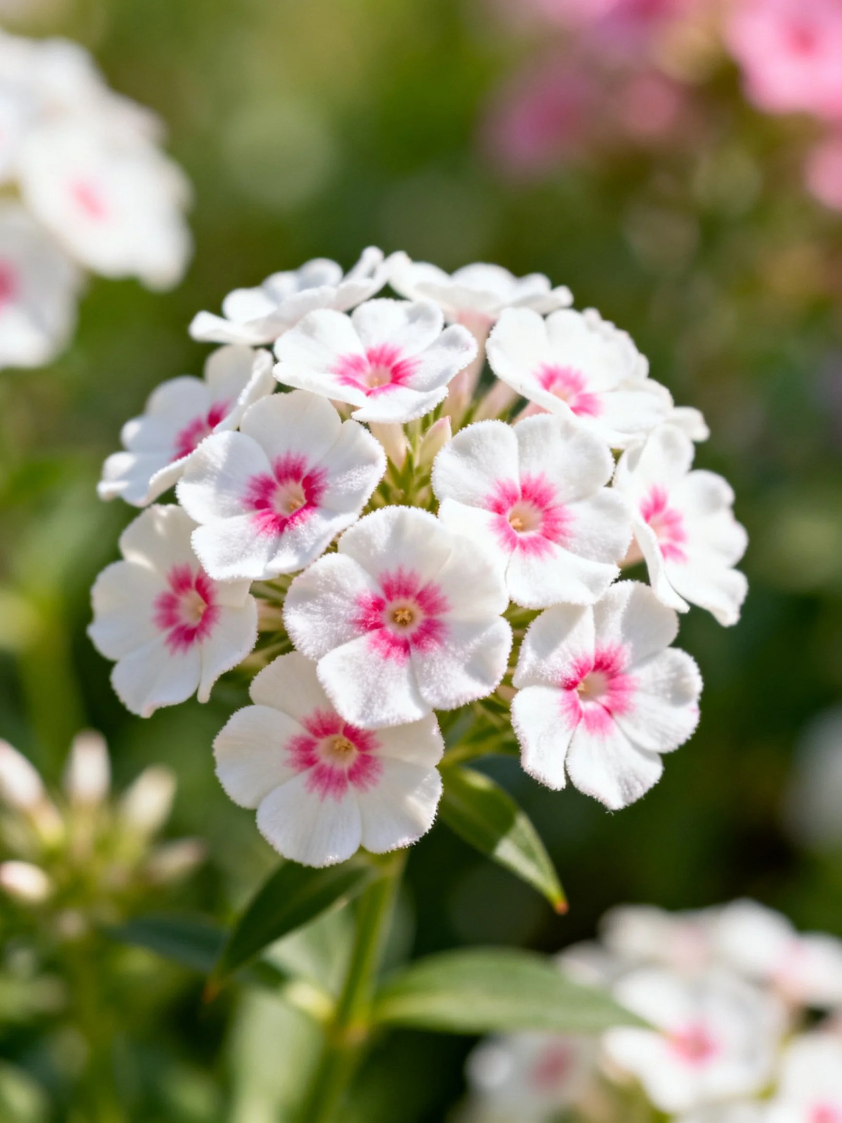 Cluster of white phlox flowers with pink centers