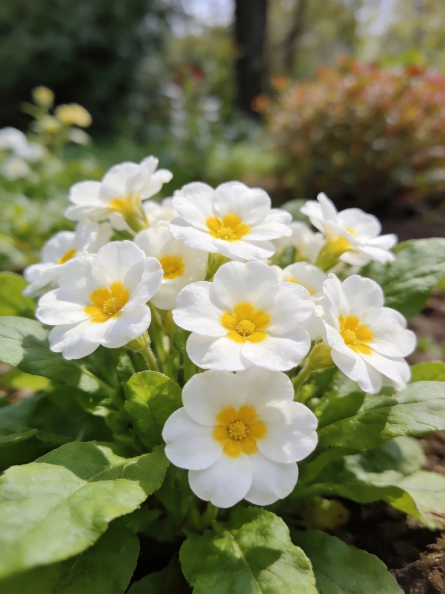 Cluster of white primrose flowers with yellow centers