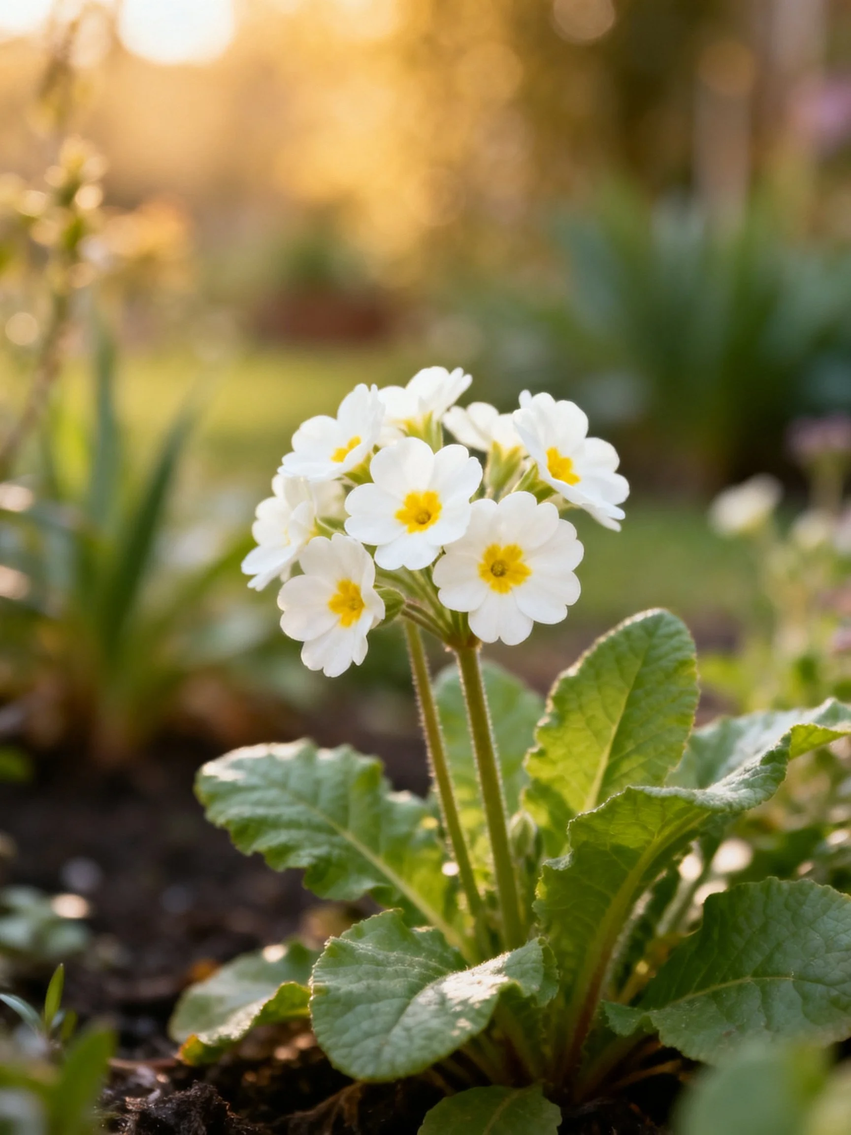 Cluster of white primrose flowers with yellow centers under golden sunlight
