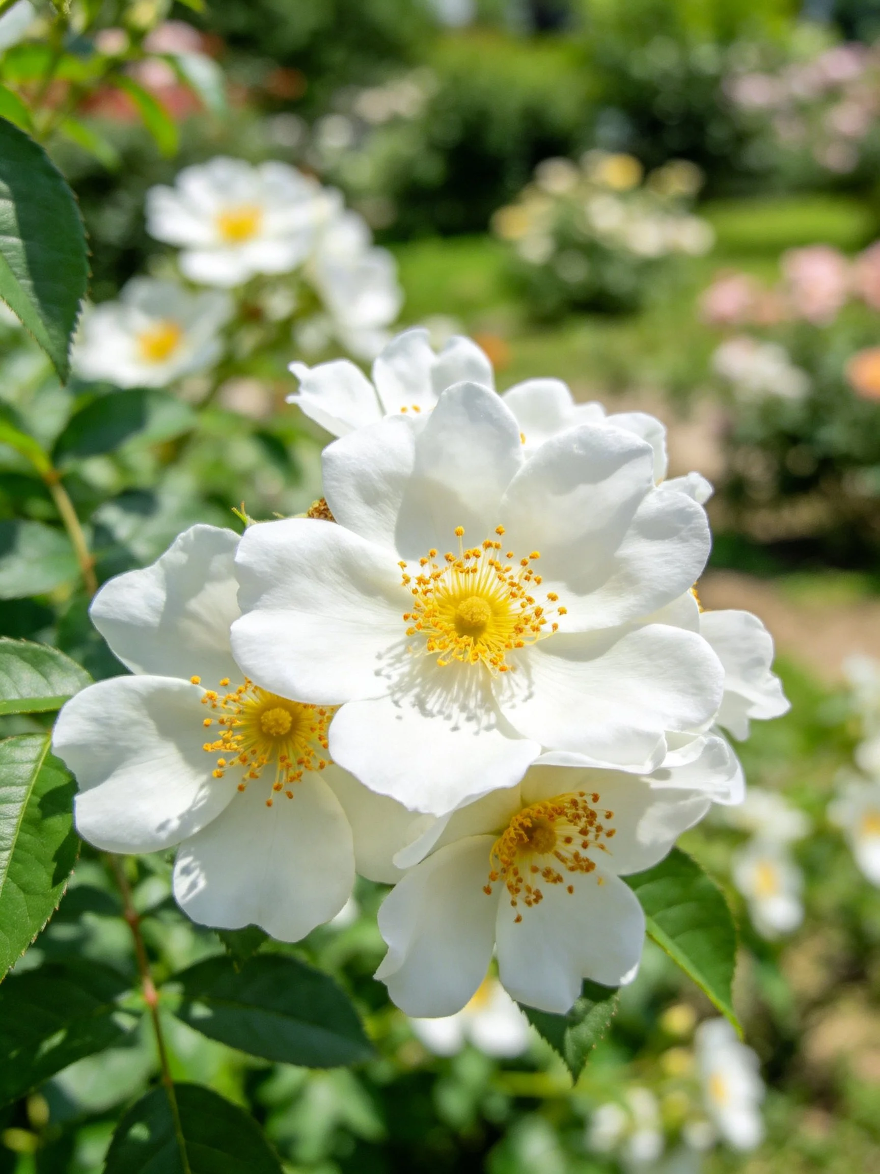 Cluster of white roses with yellow centers amid green foliage