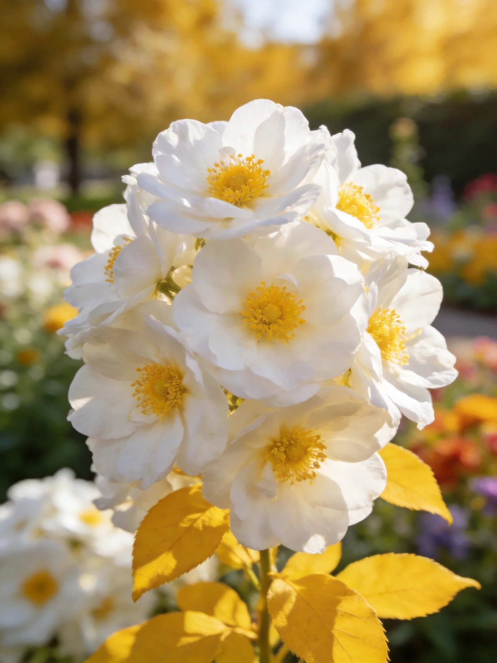 Cluster of white roses with yellow centers and golden leaves