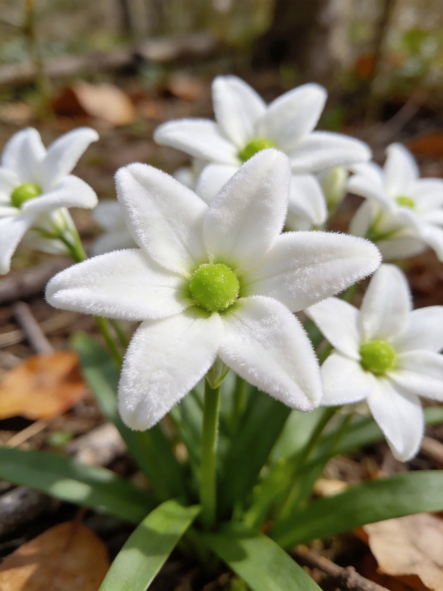 Cluster of white star - shaped flowers with green centers, green stems, and fallen leaves