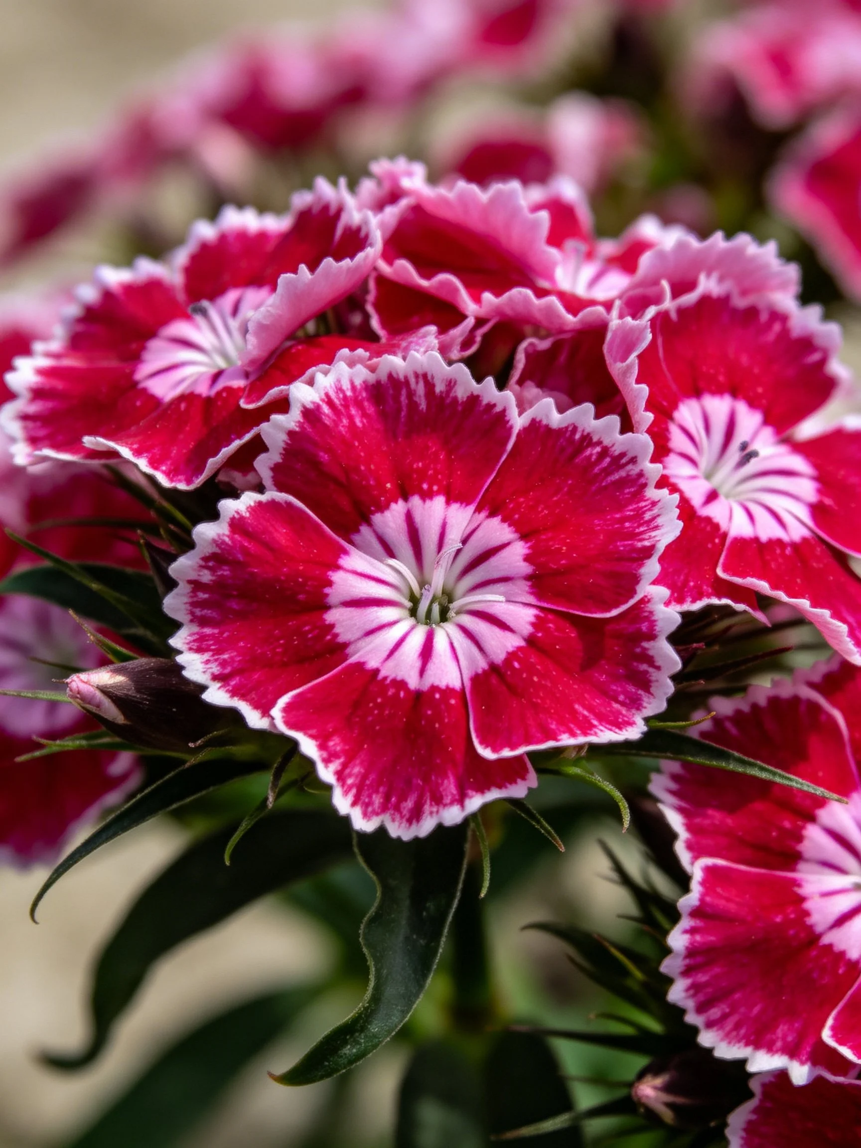 Clustered Vibrant Pink and Red Flowers with Ruffled Edges