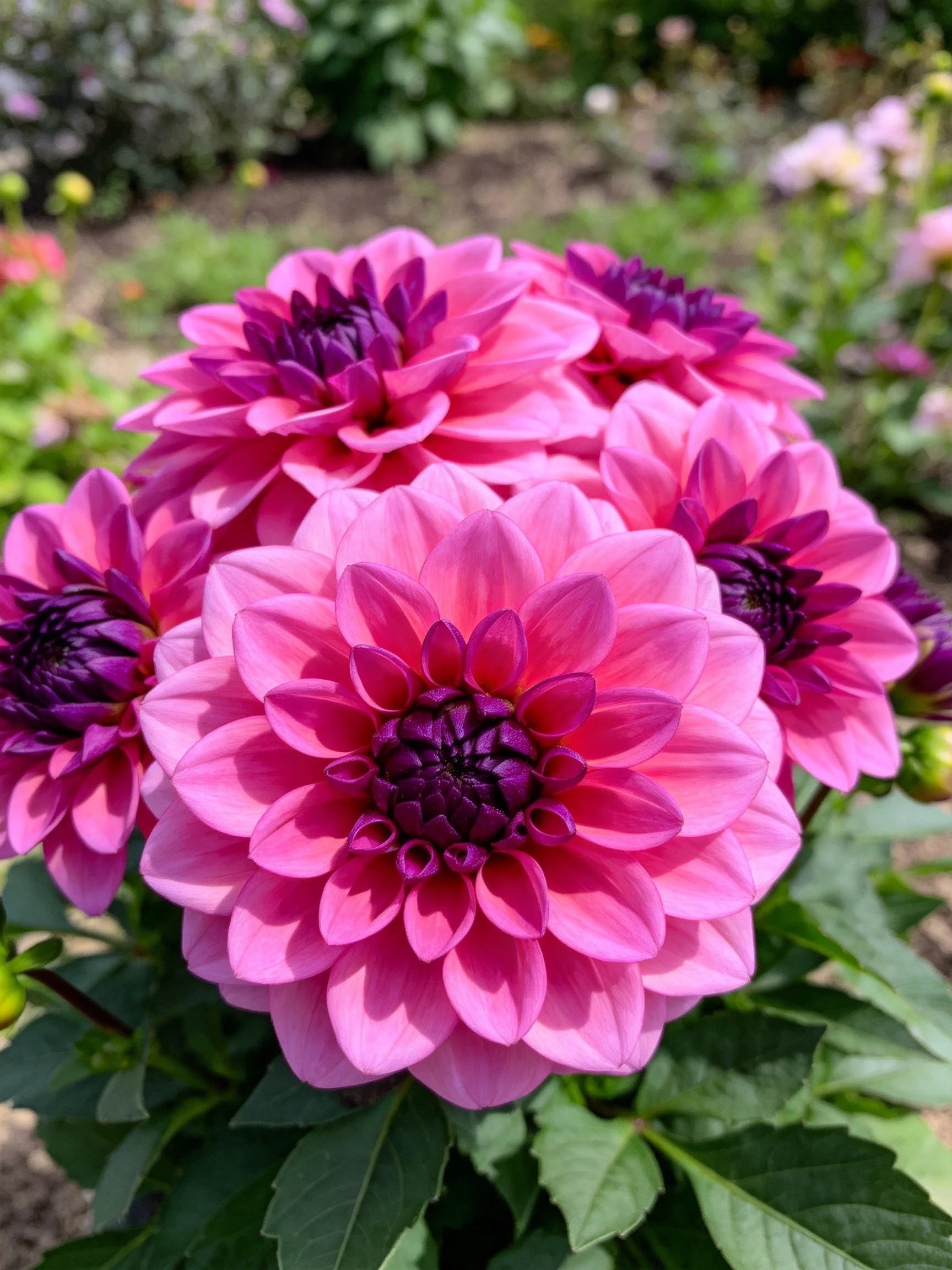 Clustered pink dahlias with dark purple centers in a garden