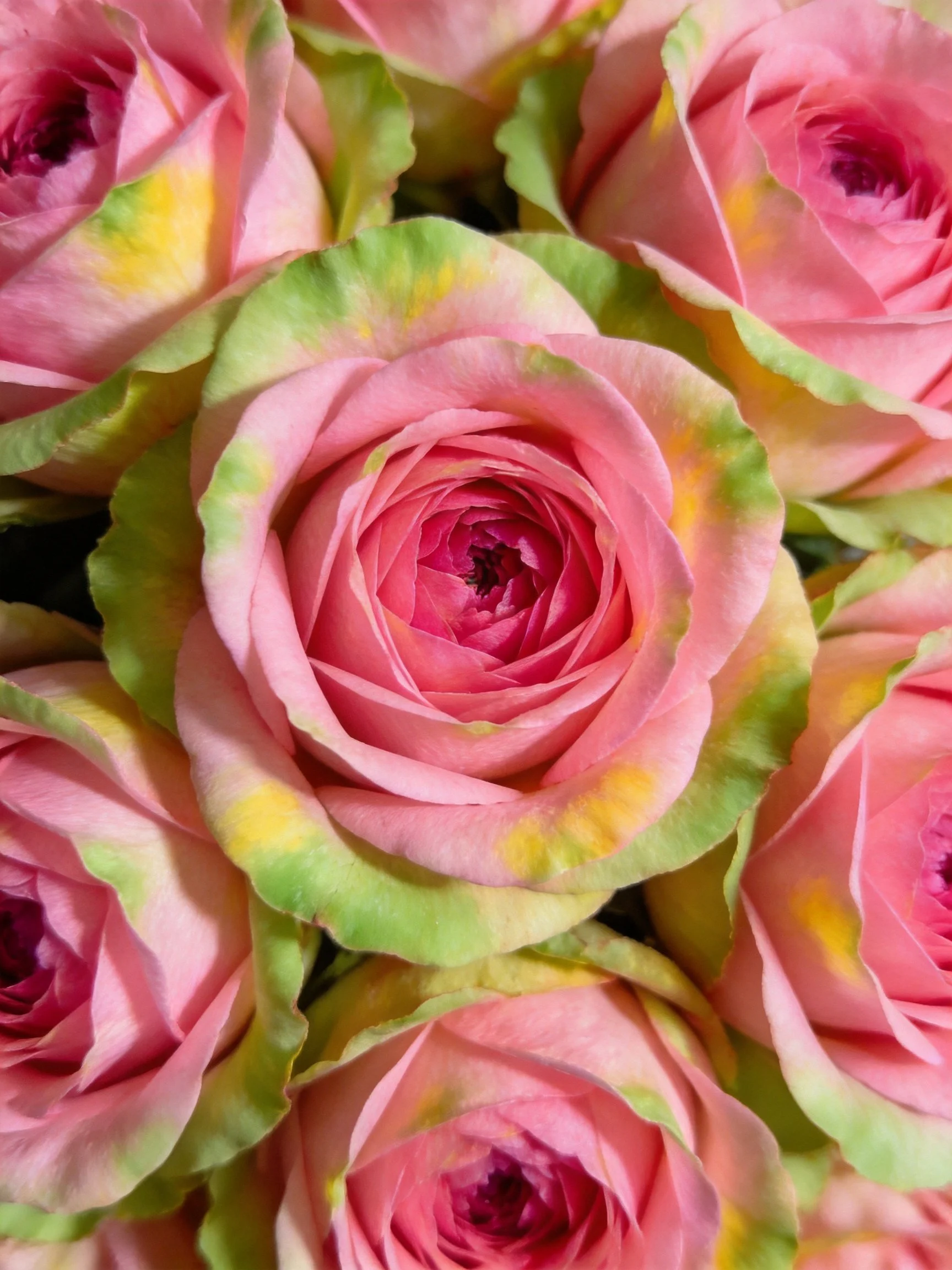 Clustered pink roses with green-yellow petal accents