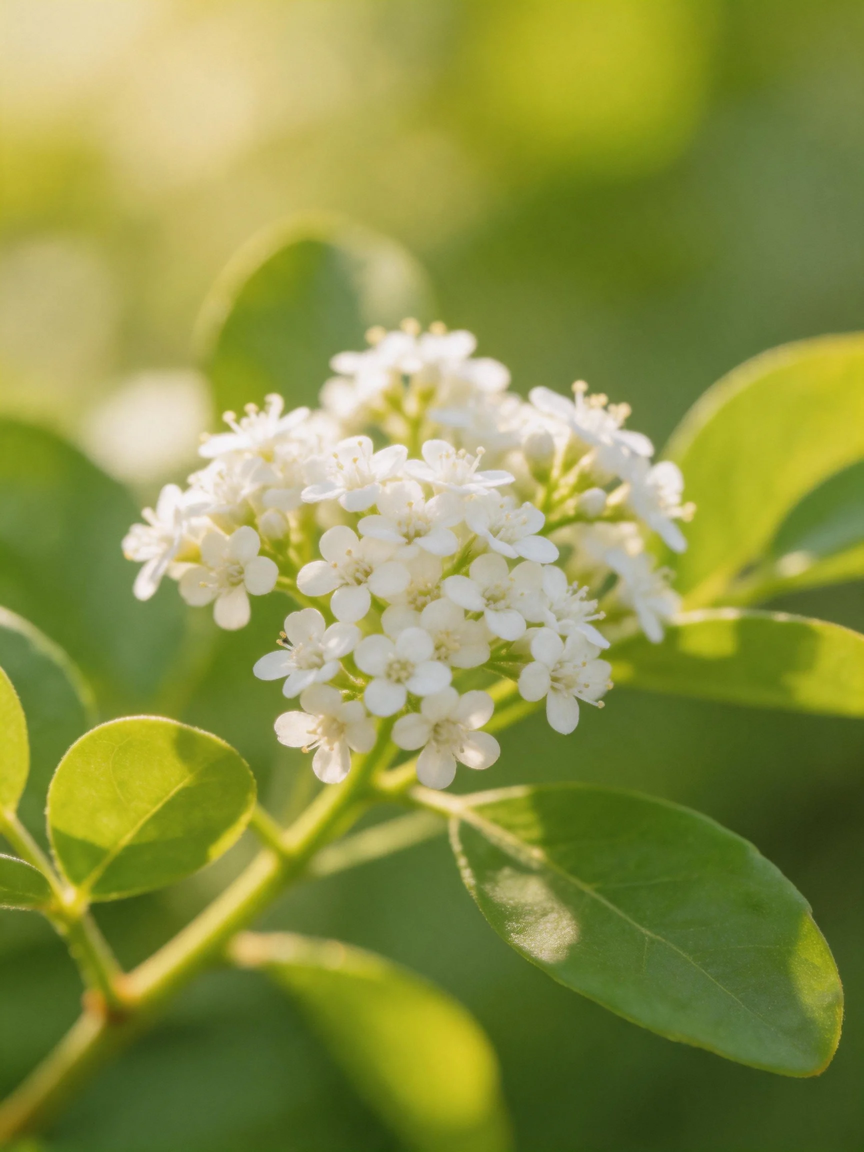 Clustered small white blooms with glossy green leaves in soft natural light