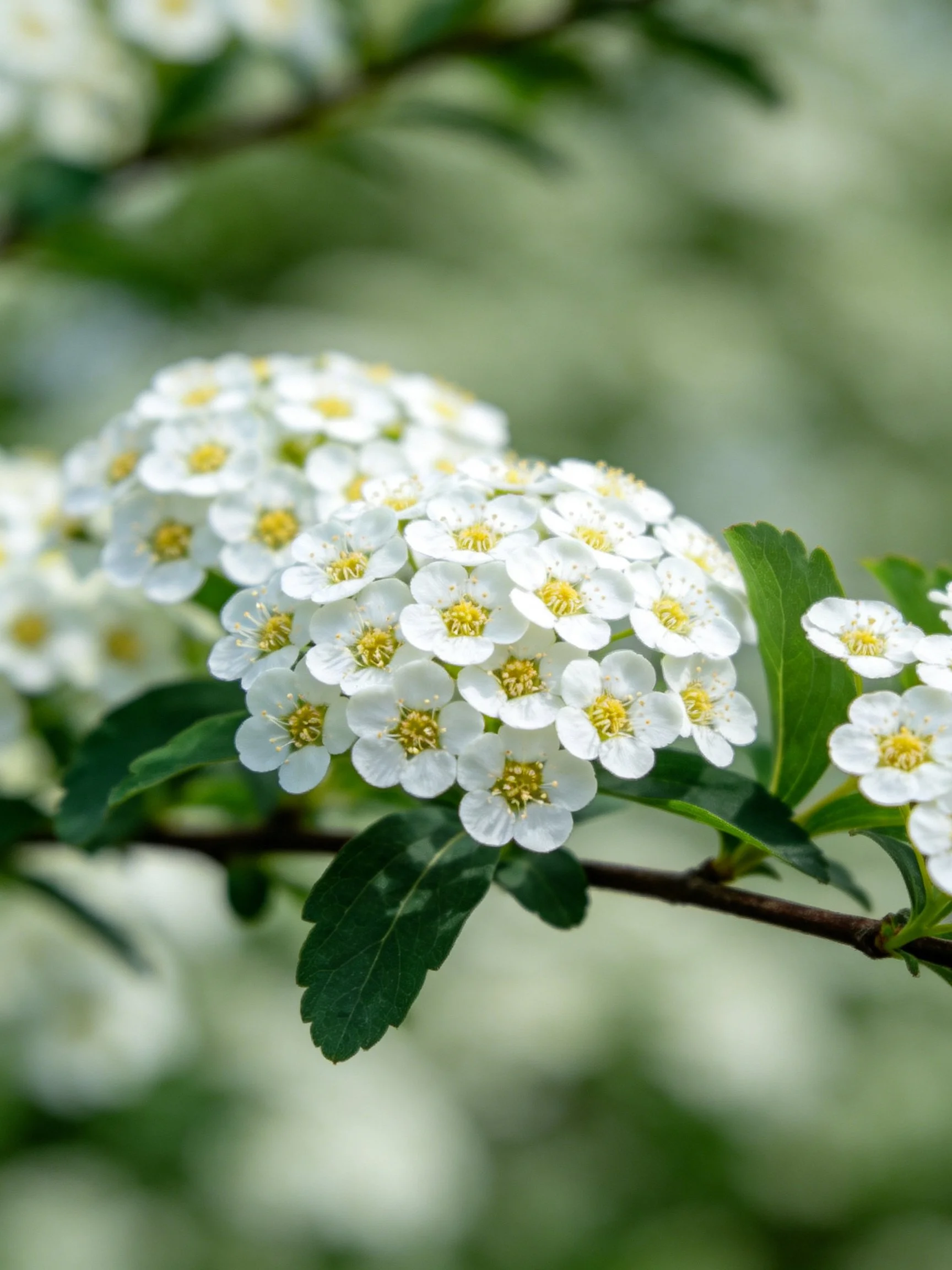 Clustered small white flowers with yellow centers on a brown branch