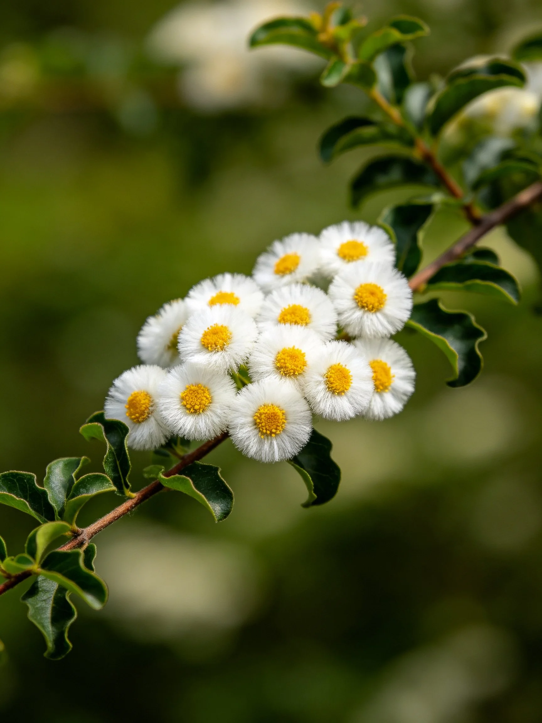 Clustered small white fluffy flowers with yellow centers on a branch