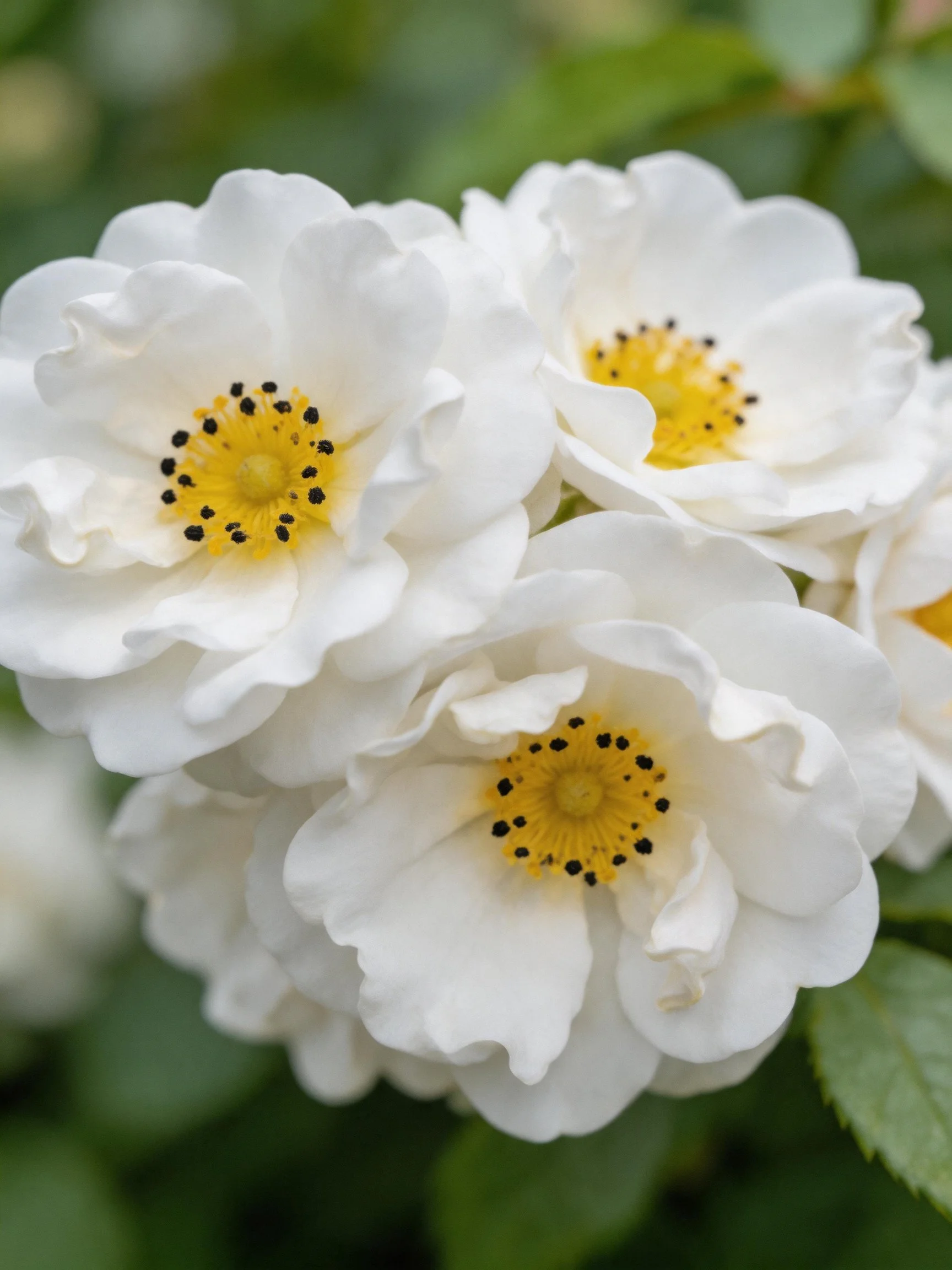 Clustered white roses with yellow centers amid green foliage