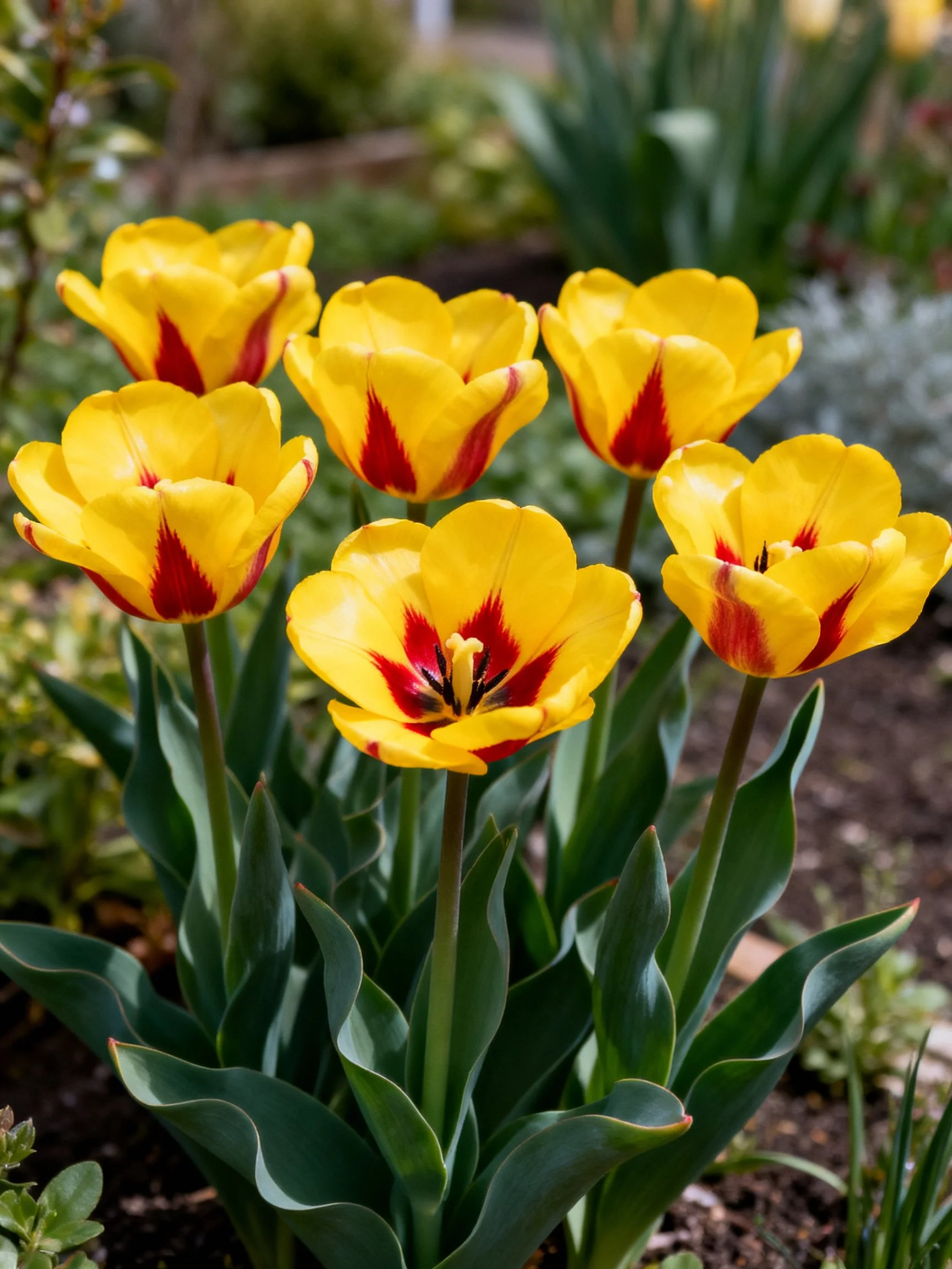 Clustered yellow tulips with red accents in a garden