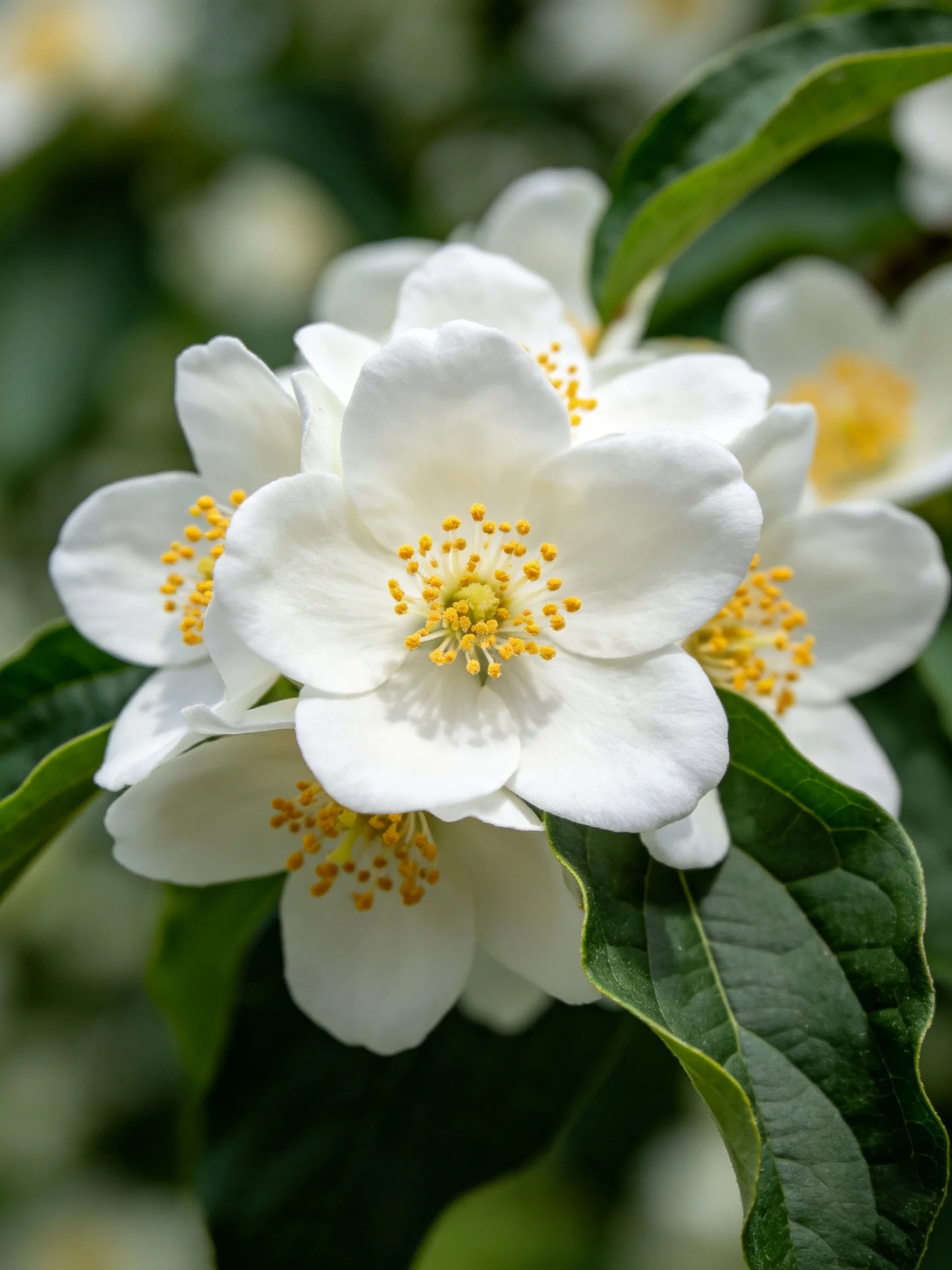 Clusters of white jasmine flowers with yellow stamens and dark green leaves