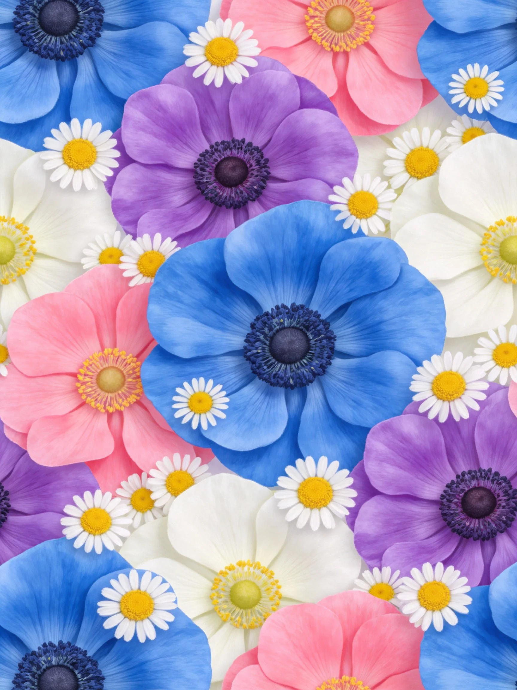Colorful Floral Arrangement with Large Blue/Purple/Pink Flowers and Small White Daisies