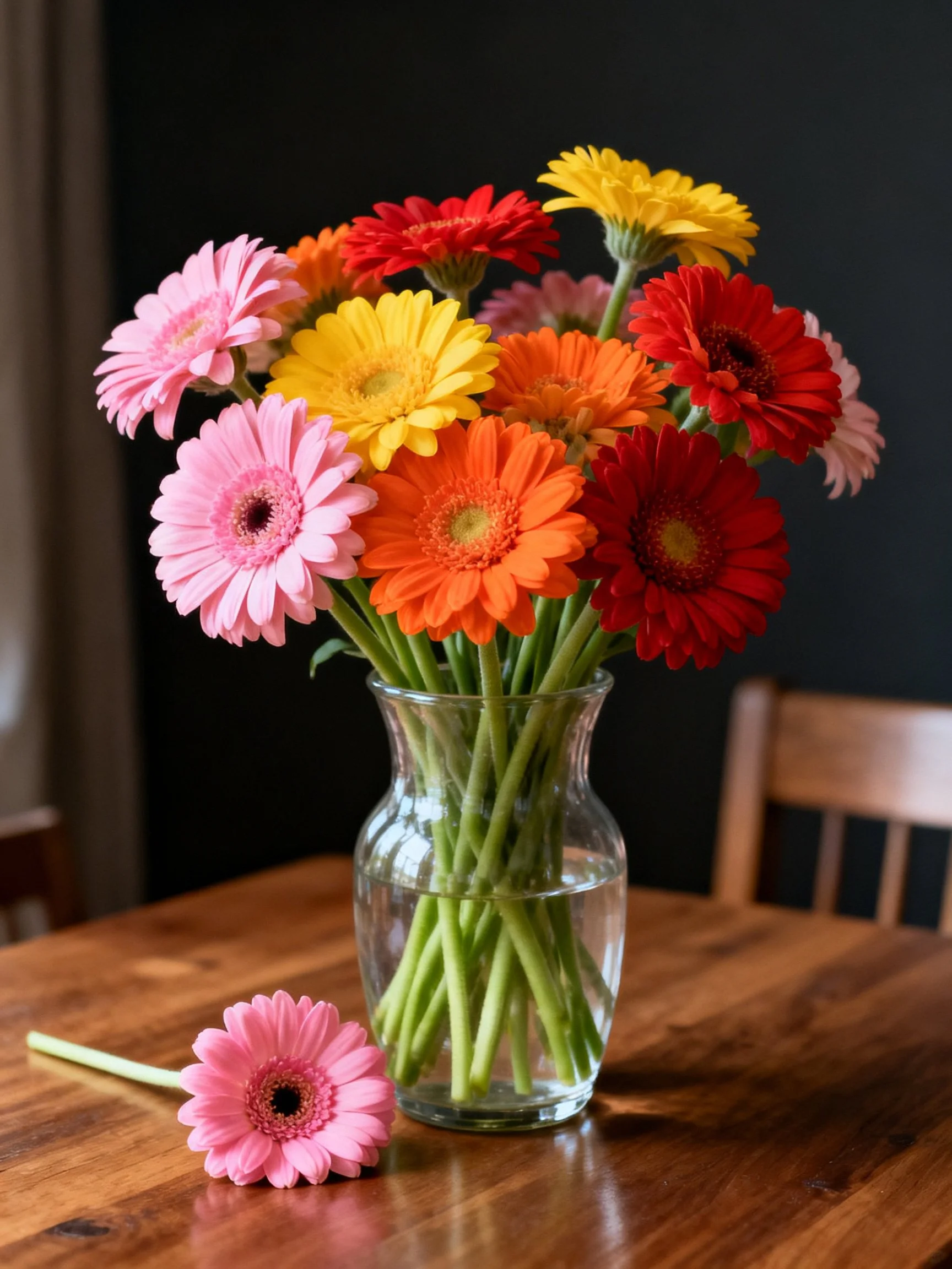 Colorful Gerbera Daisies Arranged in a Glass Vase on a Wooden Table