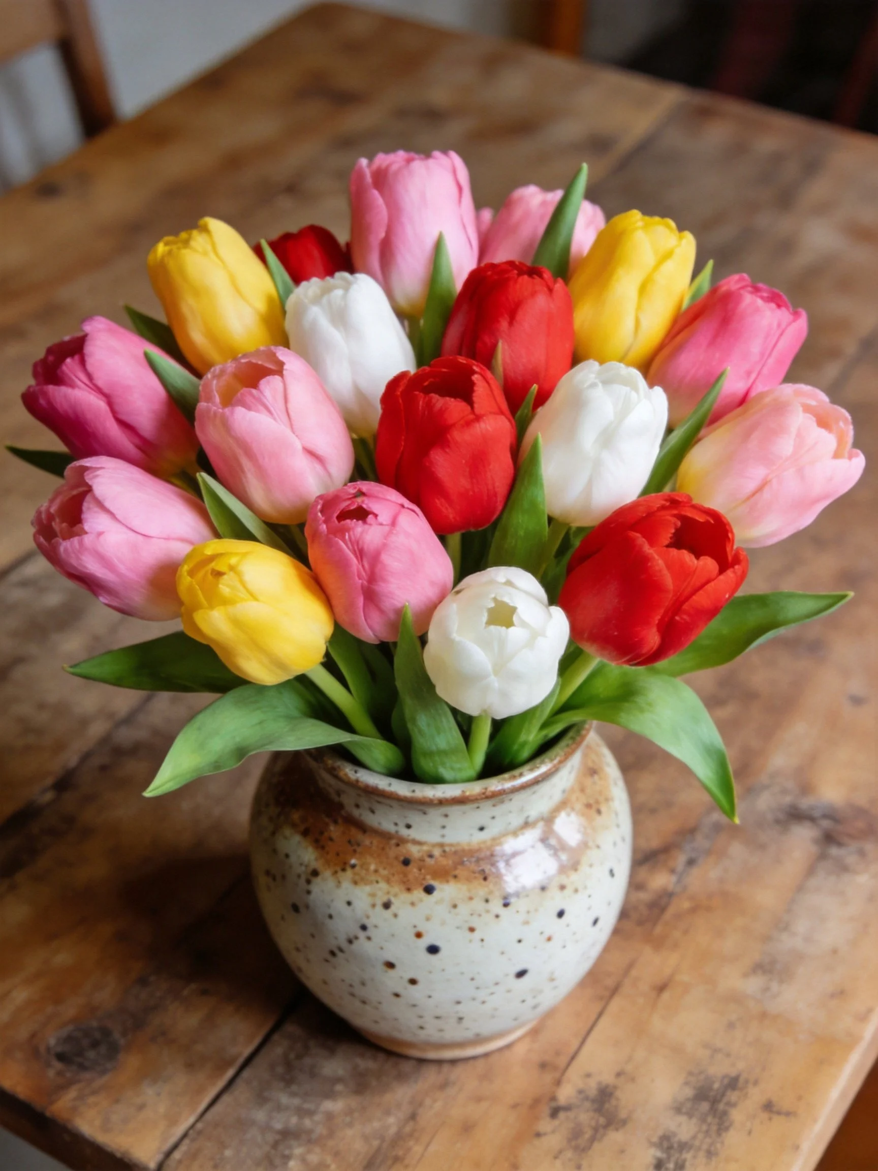 Colorful Tulip Bouquet in a Speckled Ceramic Vase