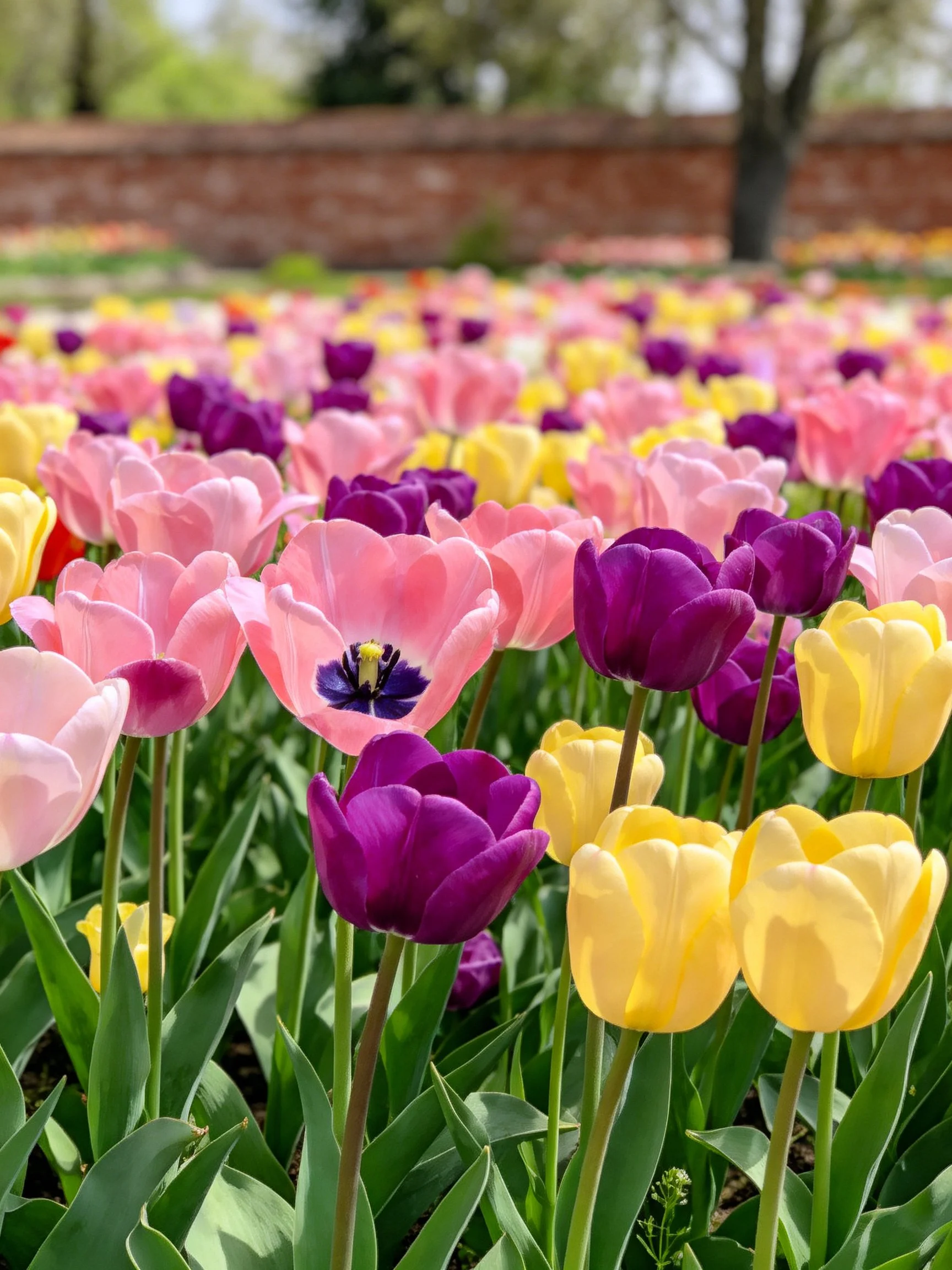 Colorful Tulip Garden with Pink, Purple, Yellow Blooms