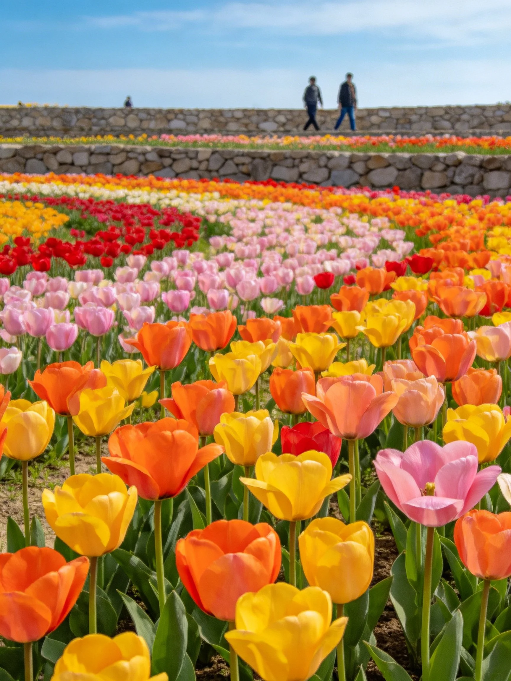Colorful Tulip Garden with Tiered Rows and Stone Walls