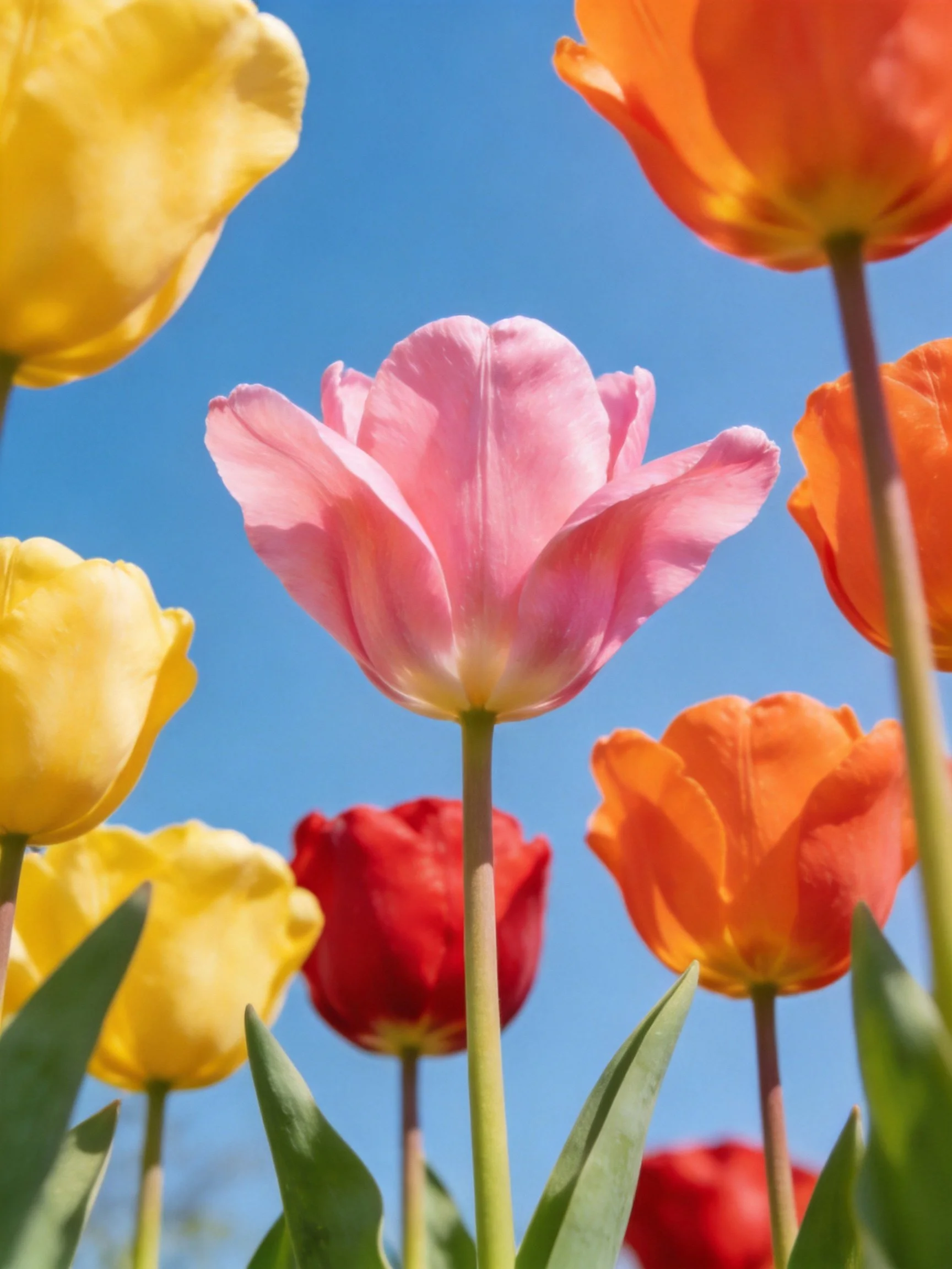 Colorful Tulip Variety with Yellow, Pink, Orange, Red Blooms Against Blue Sky