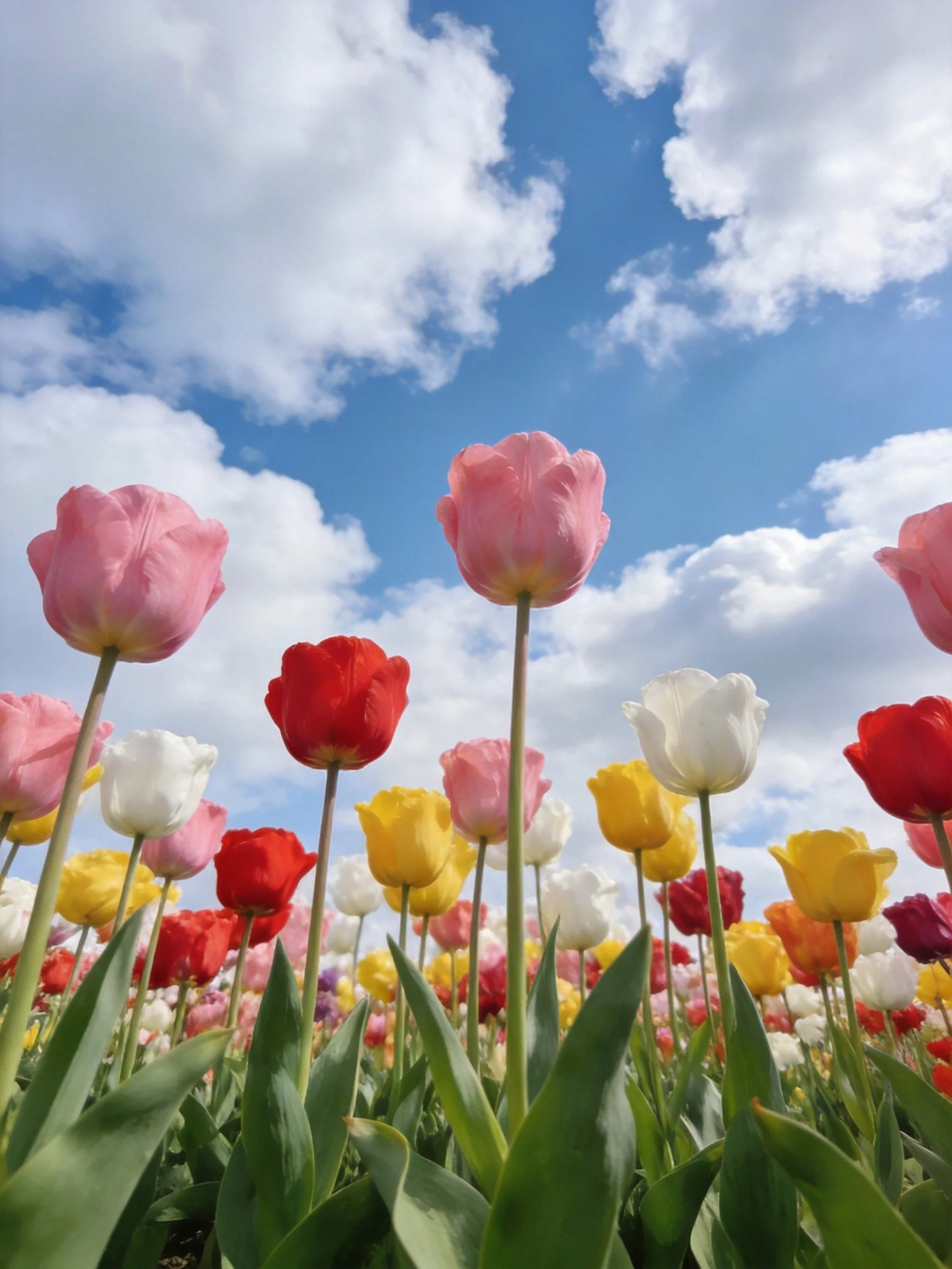 Colorful Tulips in a Sunny Field with Blue Sky