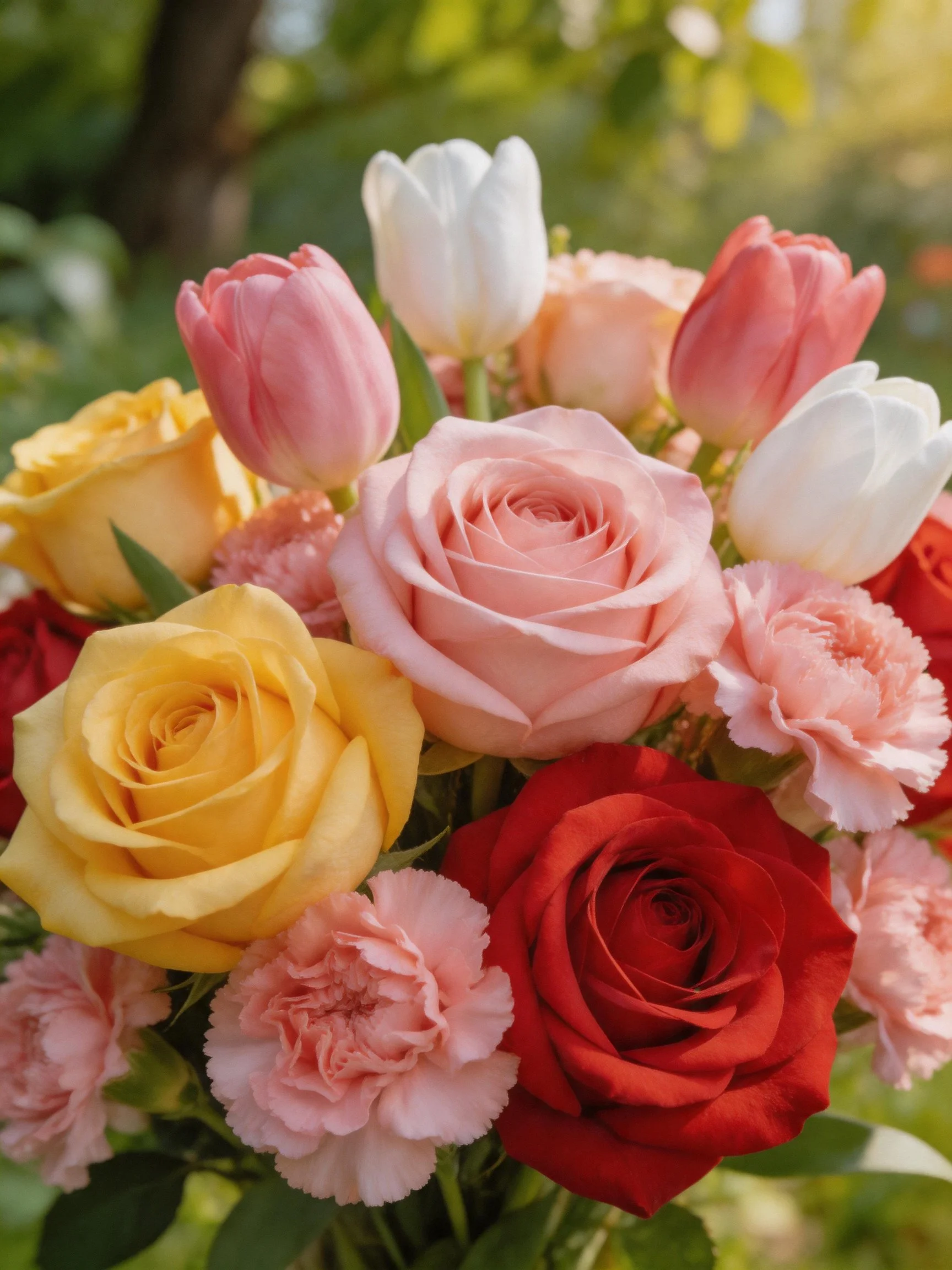 Colorful bouquet with roses, tulips, and carnations
