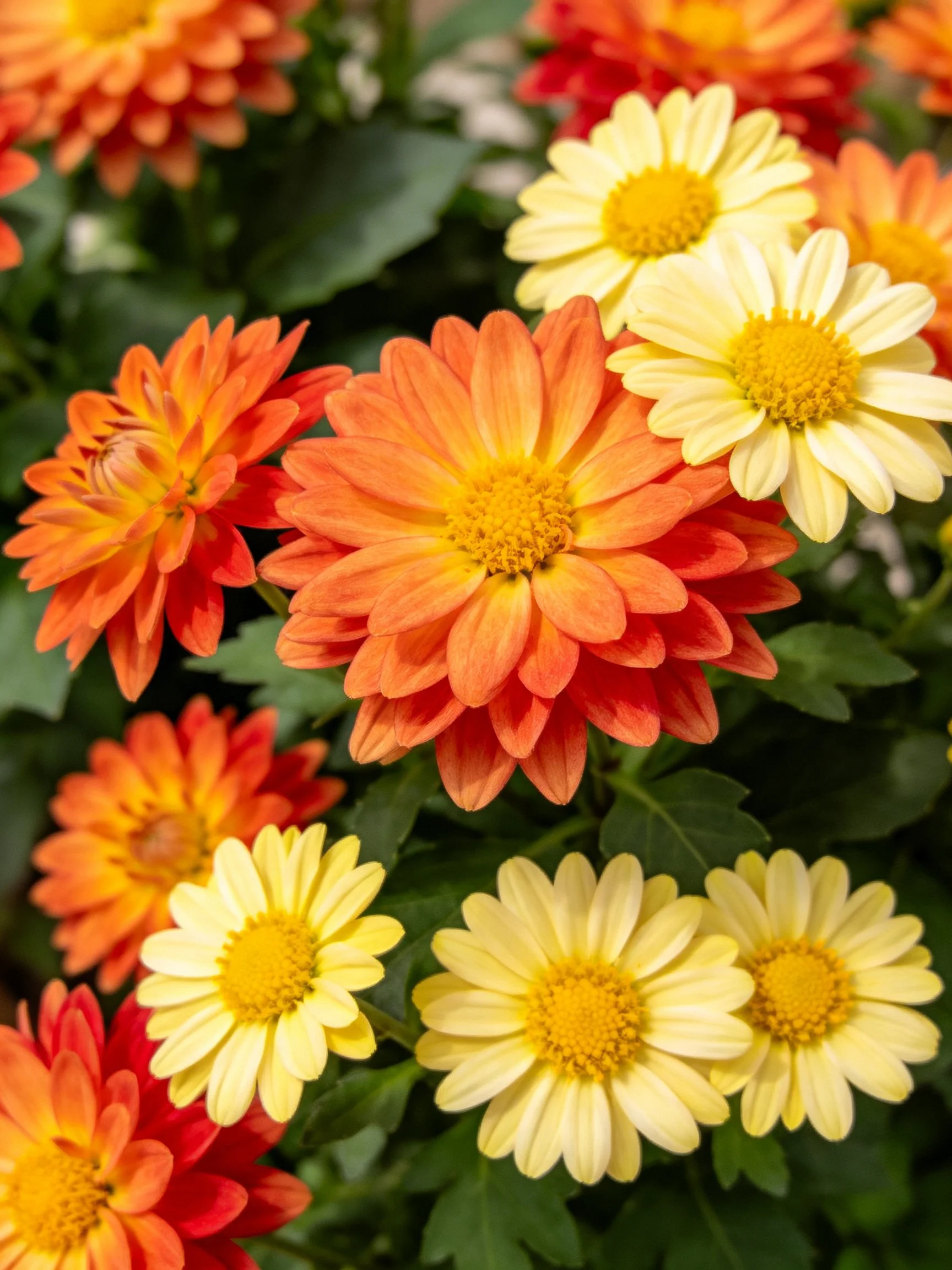Colorful cluster of orange, red, and yellow chrysanthemums with green foliage