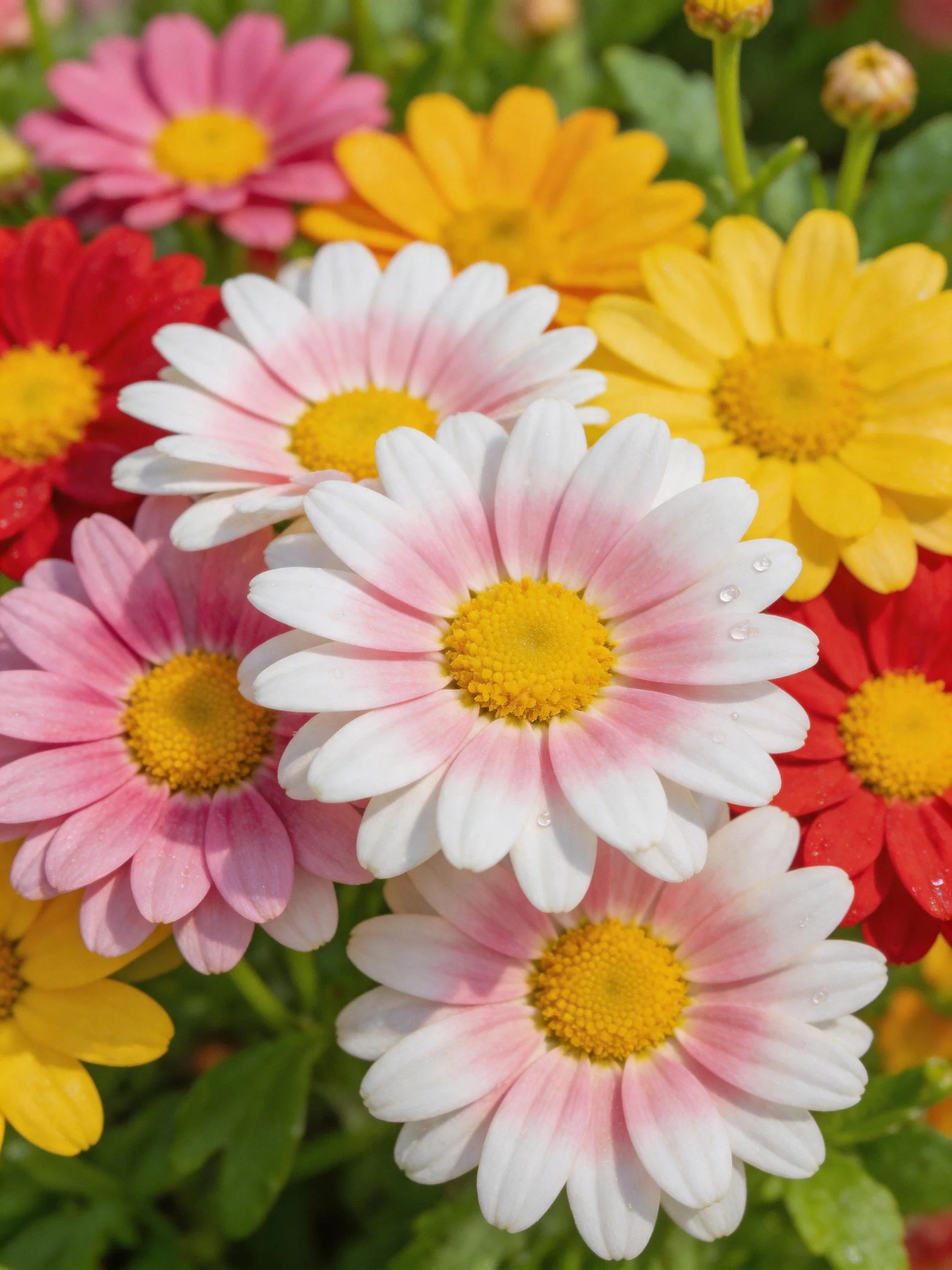 Colorful cluster of pink, white, yellow, and red daisies blooming