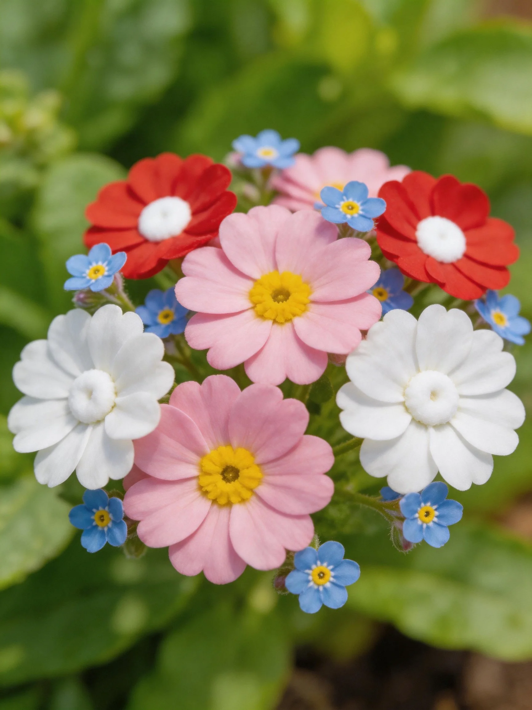 Multicolored flowers clustered among green foliage.