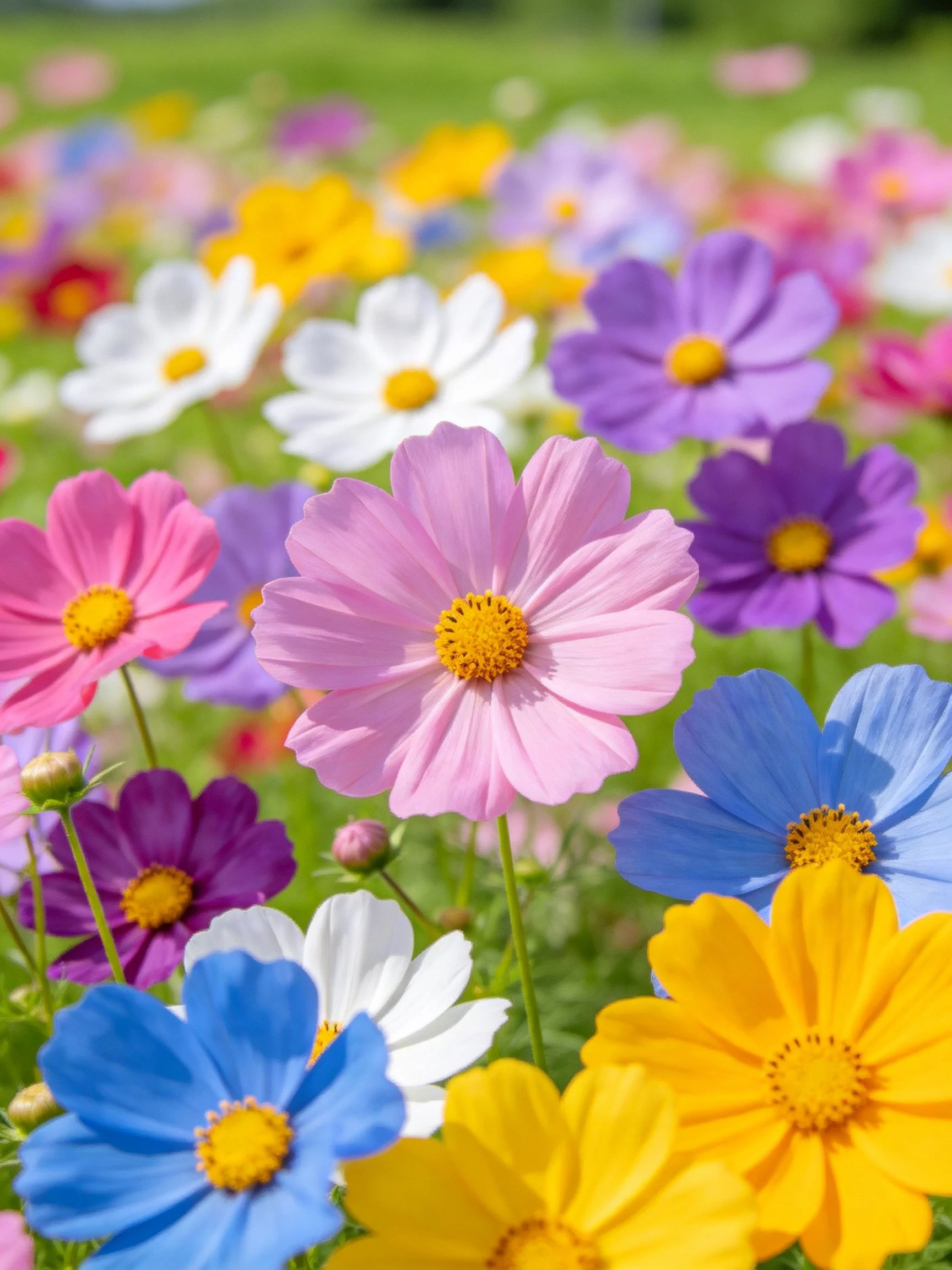 Colorful cosmos flowers blooming in a lush green meadow