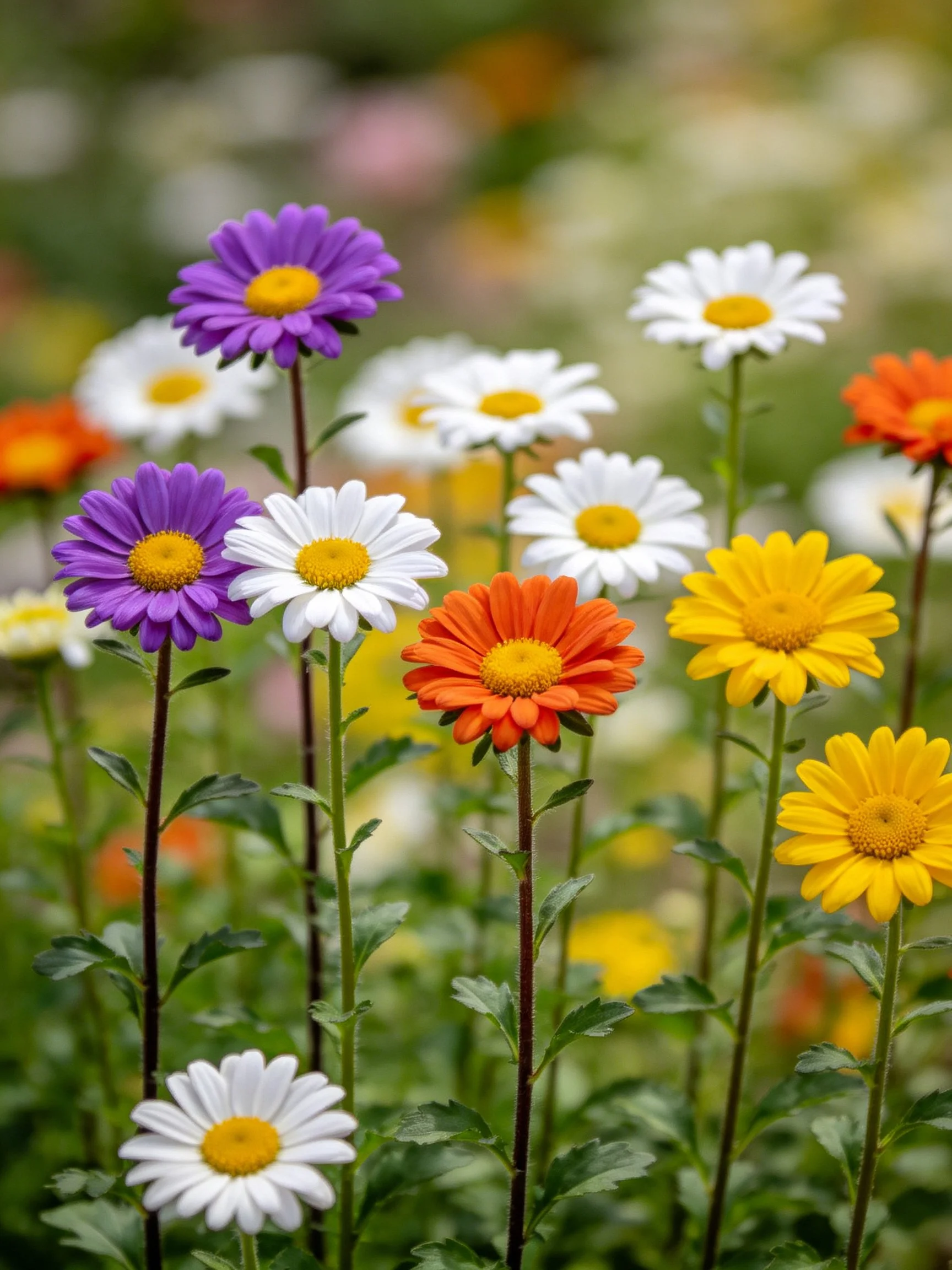 Colorful daisies in purple, white, orange, yellow bloom among green foliage