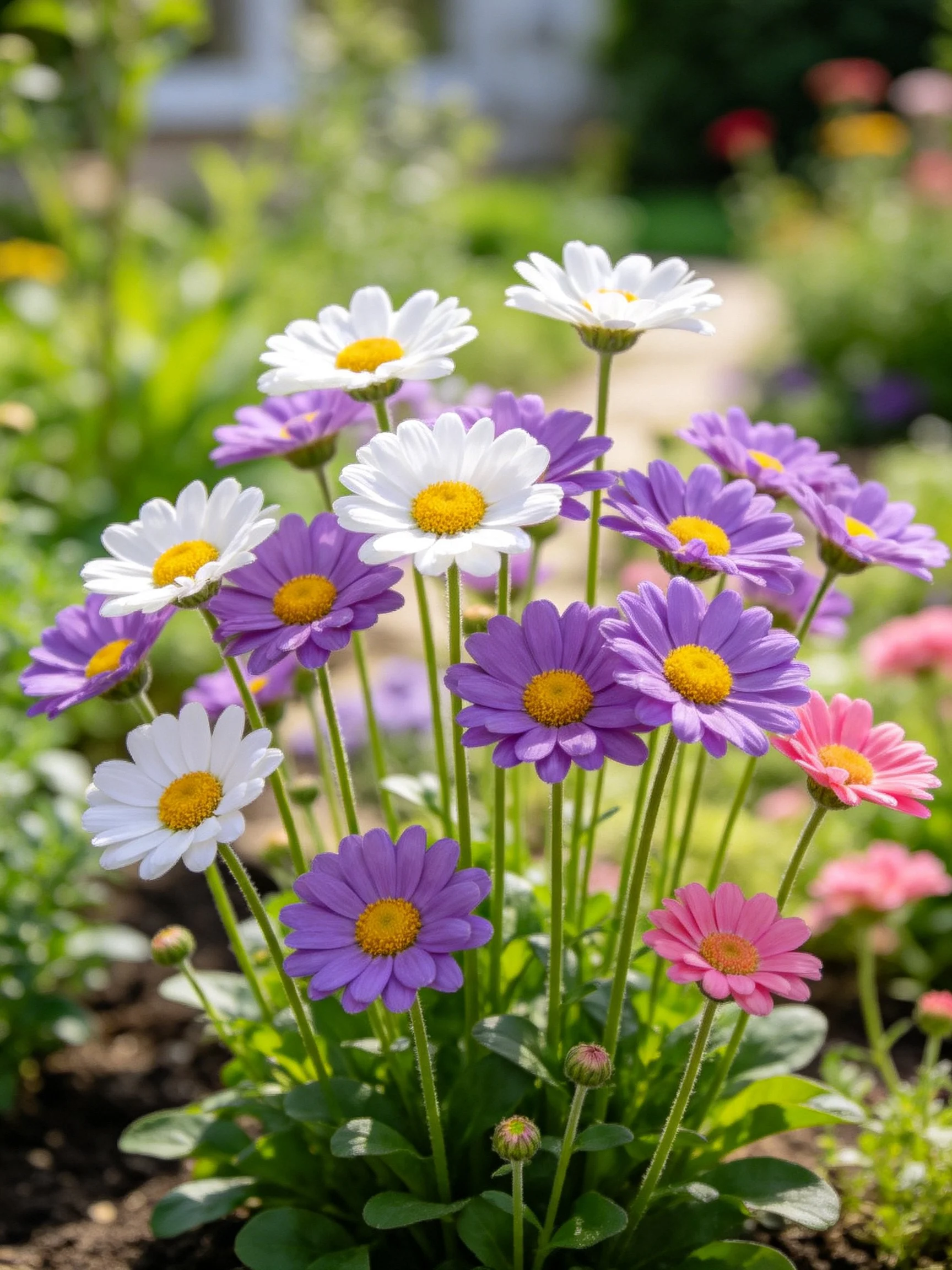 Colorful daisies in white, purple, and pink bloom under sunny garden light