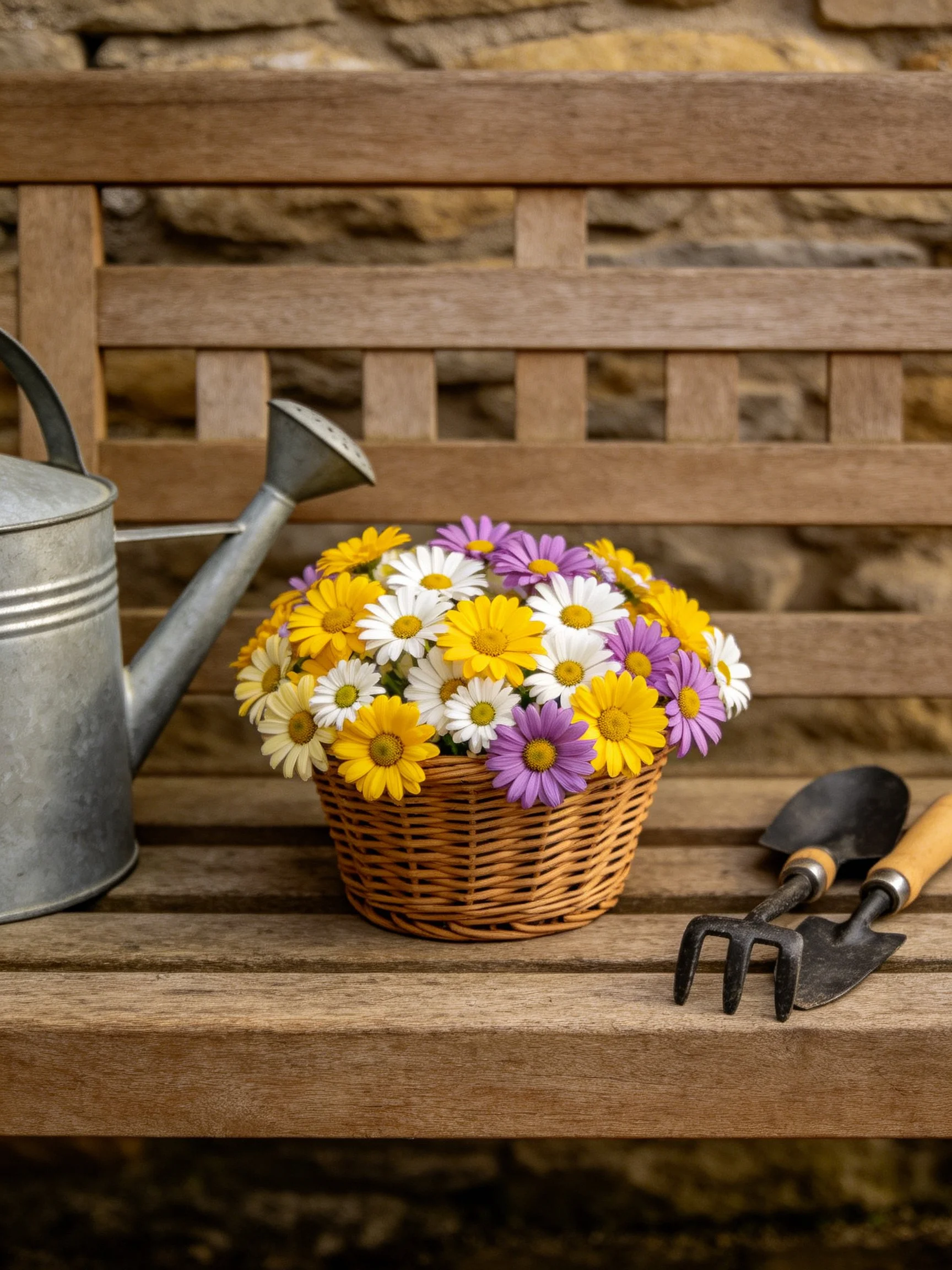Colorful daisies in wicker basket near metal watering can and gardening tools on wooden bench